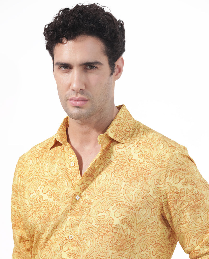 Rare Rabbit Men's Pamat Yellow Viscose Fabric Full Sleeves Paisley Print Shirt