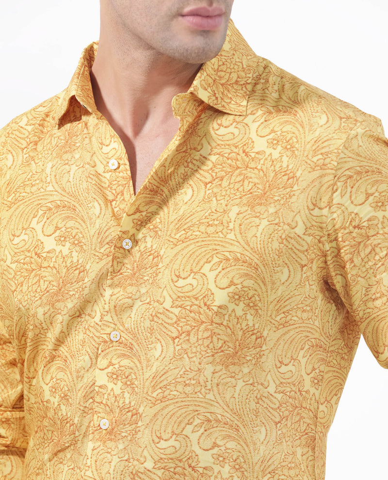 Rare Rabbit Men's Pamat Yellow Viscose Fabric Full Sleeves Paisley Print Shirt
