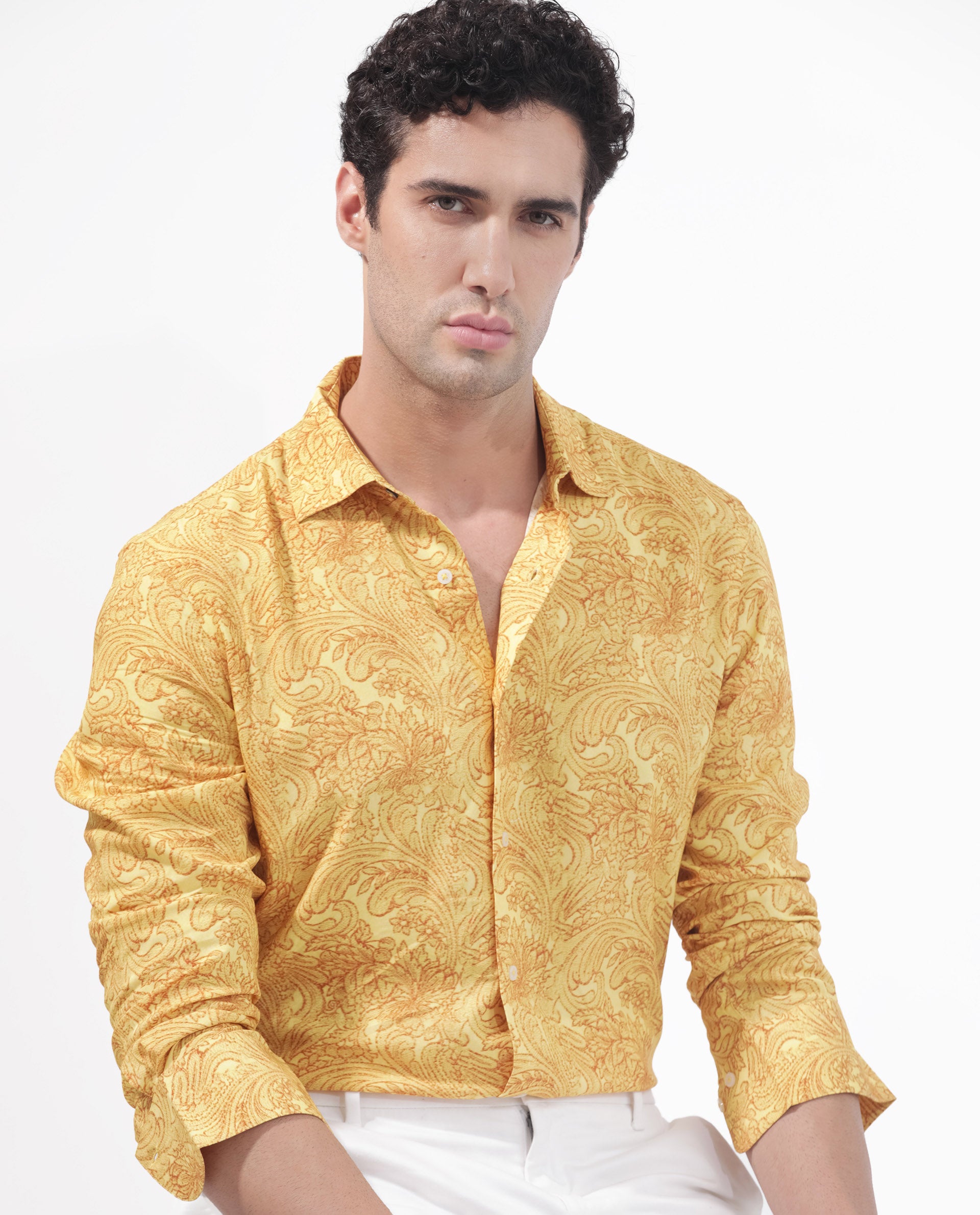 Rare Rabbit Men's Pamat Yellow Viscose Fabric Full Sleeves Paisley Print Shirt