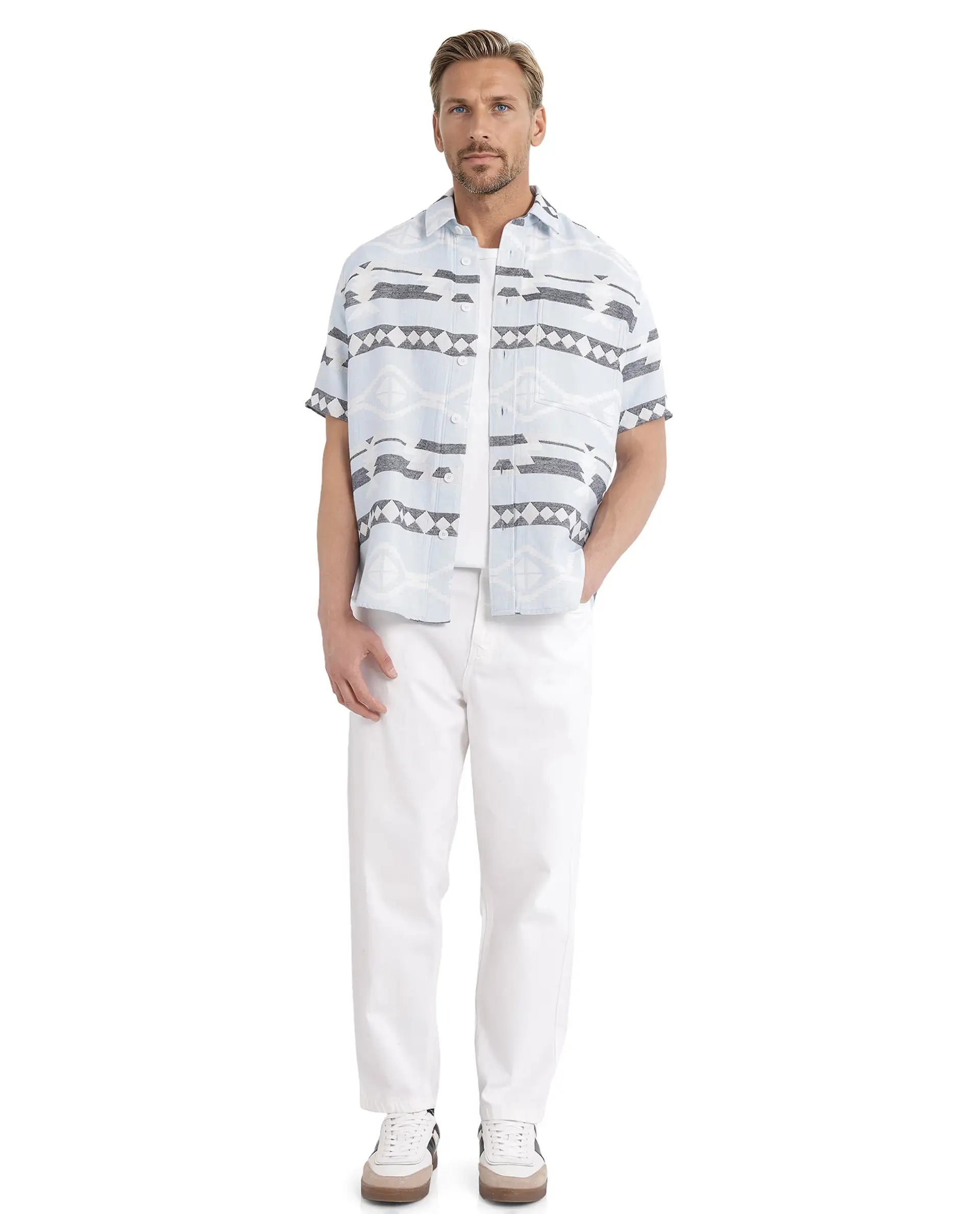 Rare Rabbit Men's Pamp Light Blue Cotton Fabric Short Sleeve Boxy Fit Regular Collared Button Closure Jacquard Shirt