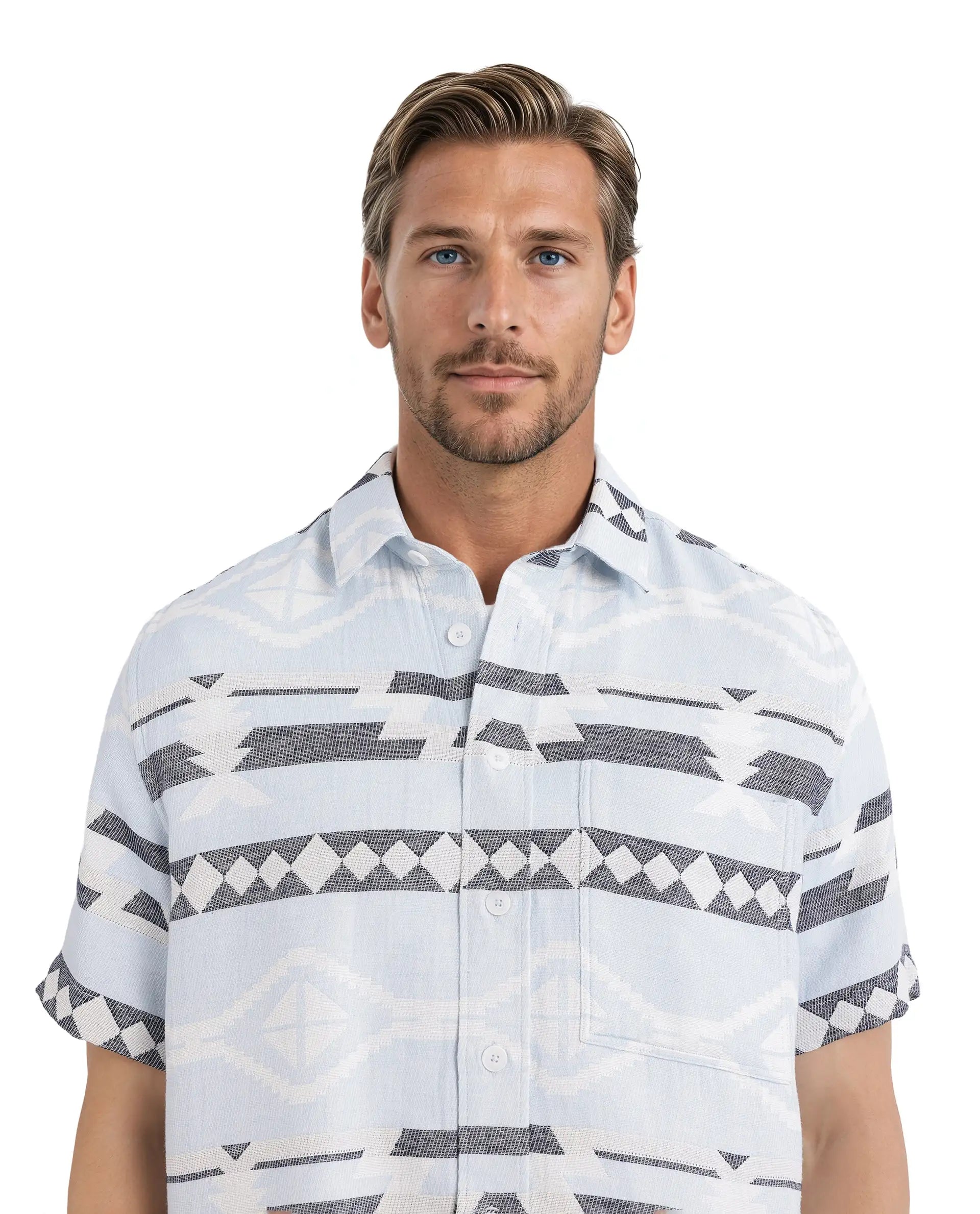 Rare Rabbit Men's Pamp Light Blue Cotton Fabric Short Sleeve Boxy Fit Regular Collared Button Closure Jacquard Shirt