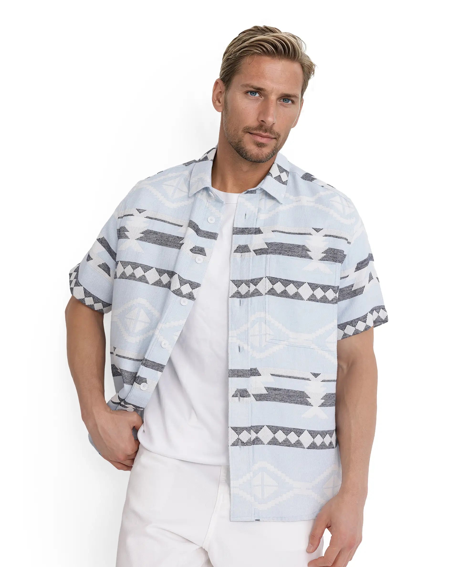 Rare Rabbit Men's Pamp Light Blue Cotton Fabric Short Sleeve Boxy Fit Regular Collared Button Closure Jacquard Shirt