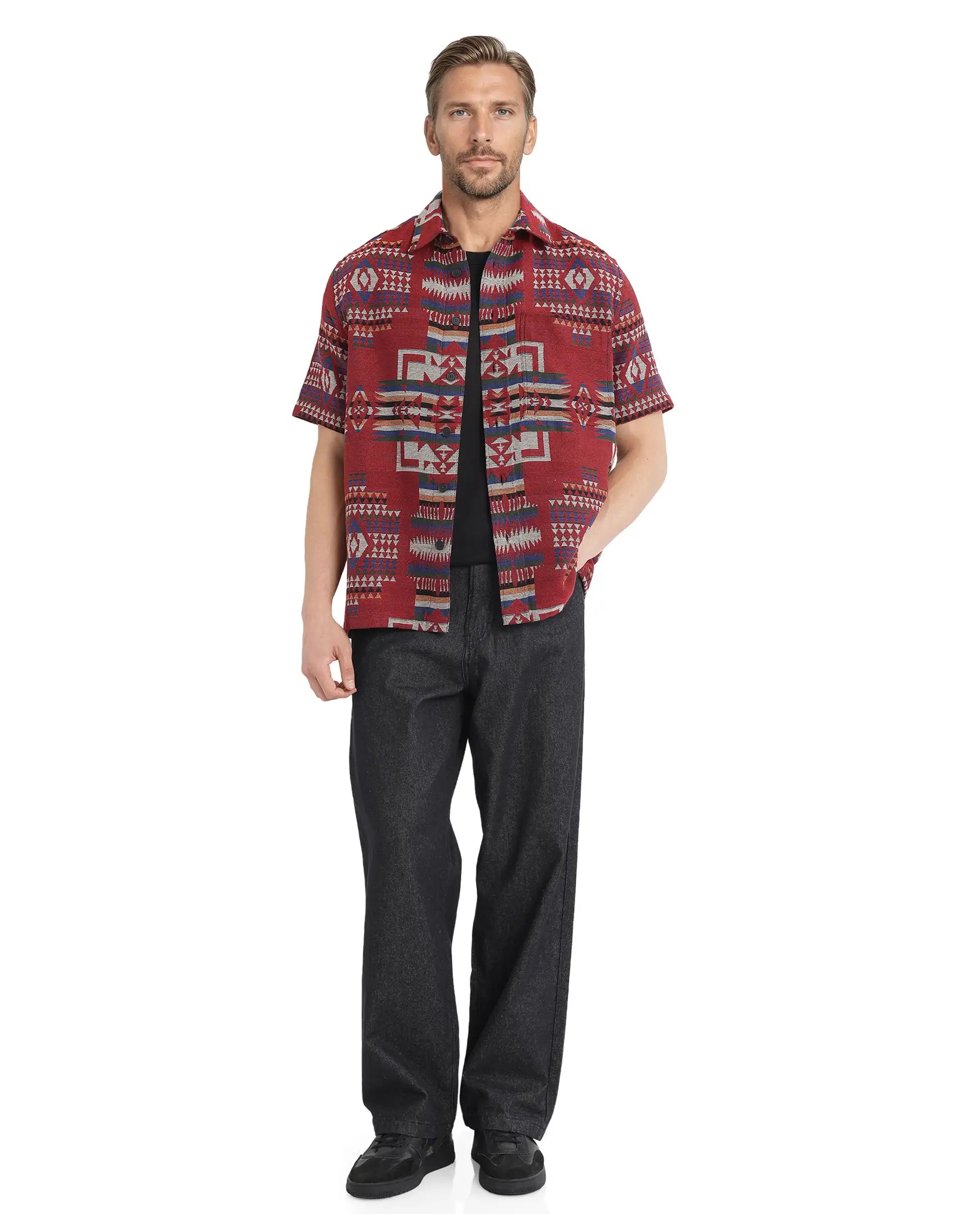 Rare Rabbit Men's Pamp Maroon Cotton Fabric Short Sleeve Boxy Fit Regular Collared Button Closure Jacquard Shirt