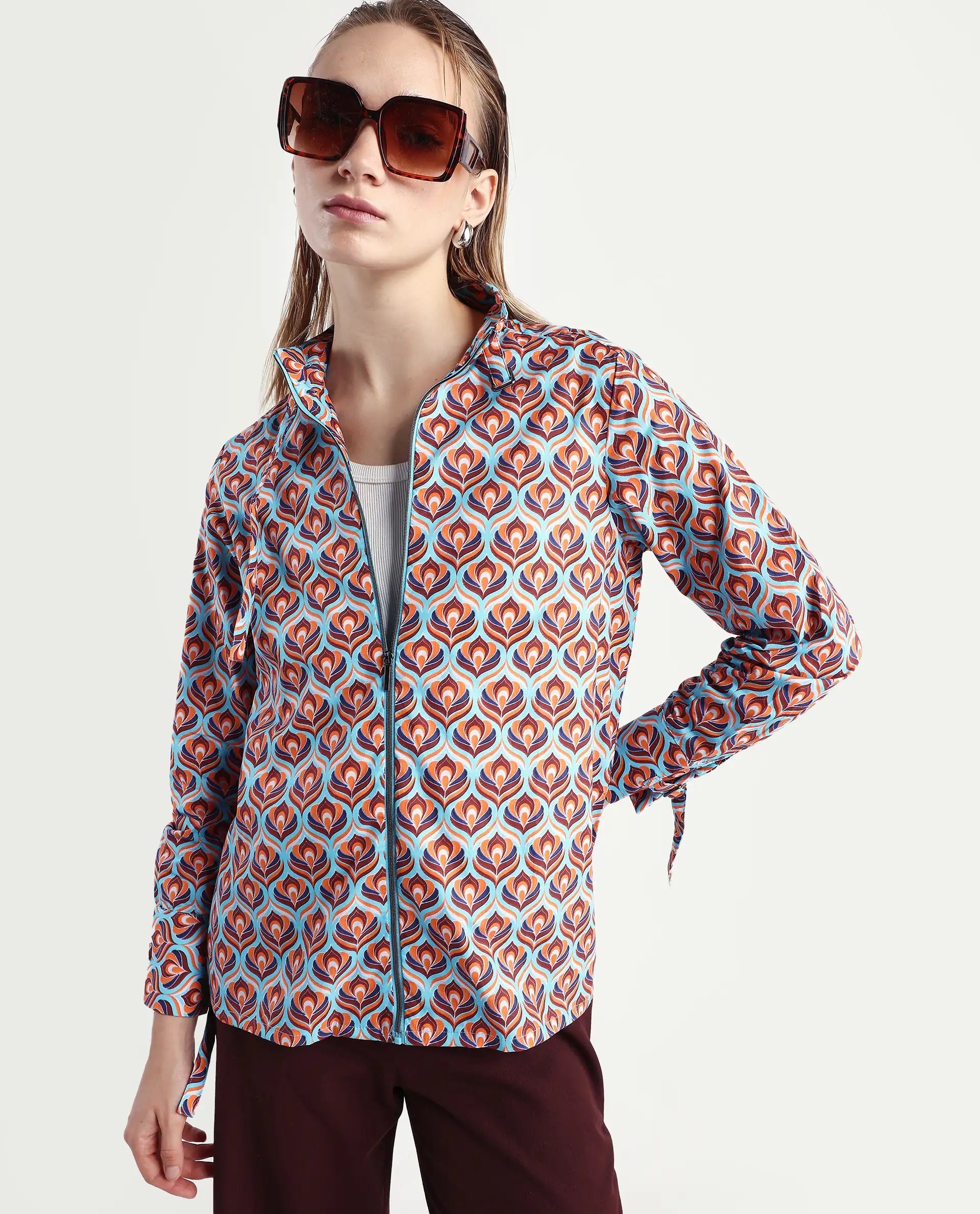 Rareism Women's Panache Multi Cotton High Neck Geometric Print Cuffed Sleeve Regular Fit Top