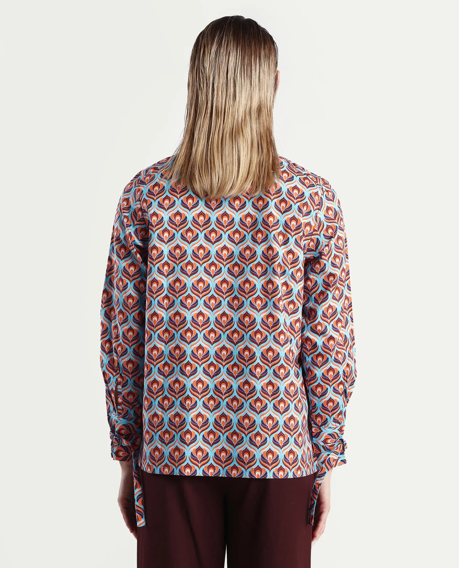 Rareism Women's Panache Multi Cotton High Neck Geometric Print Cuffed Sleeve Regular Fit Top