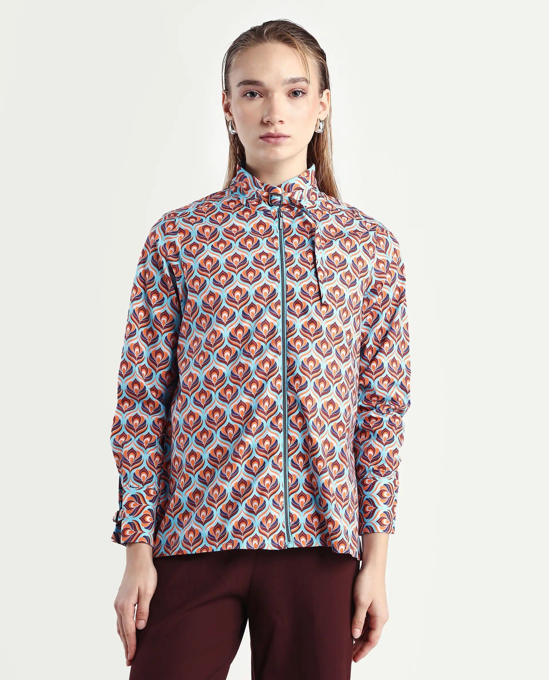 Rareism Women's Panache Multi Cotton High Neck Geometric Print Cuffed Sleeve Regular Fit Top