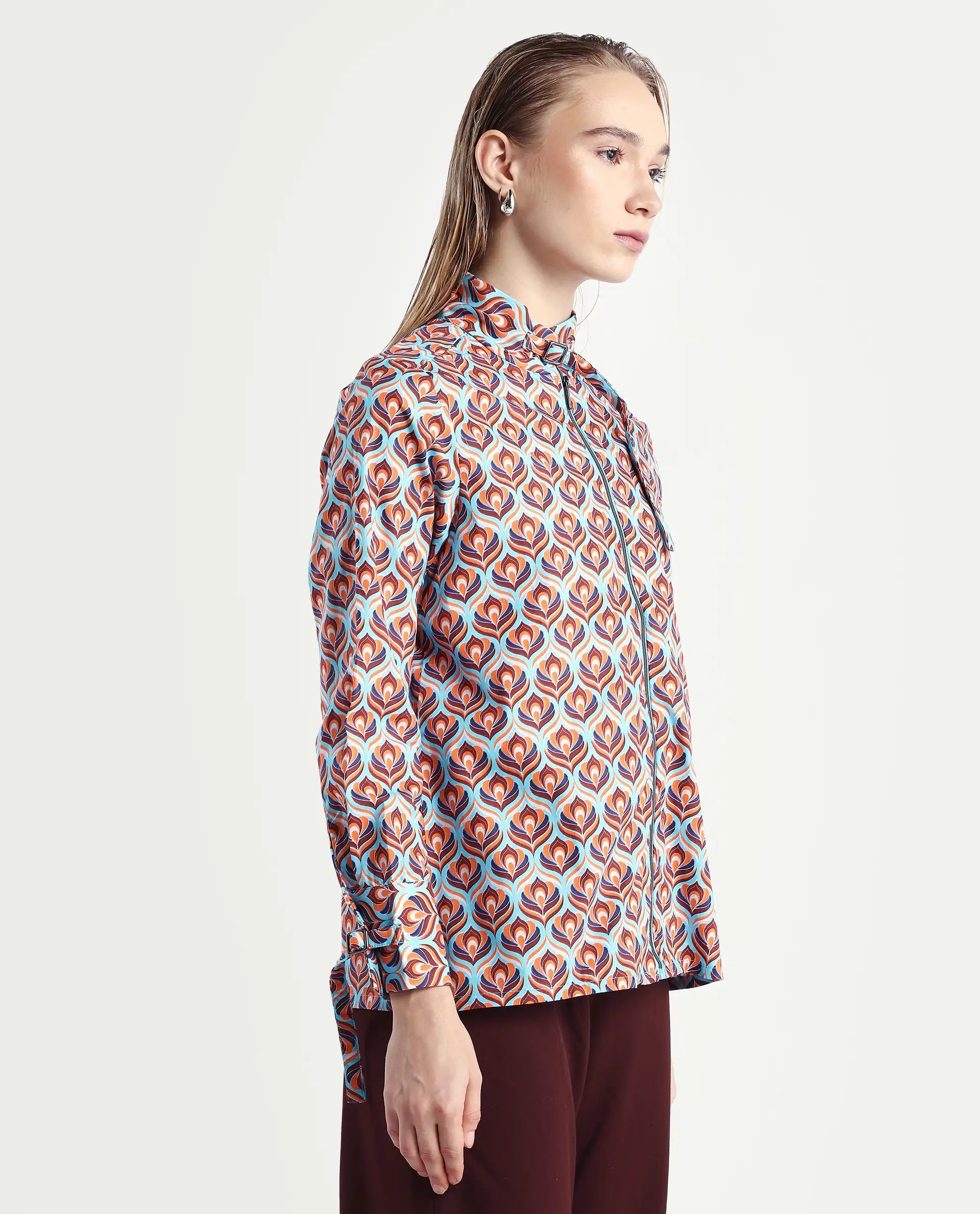 Rareism Women's Panache Multi Cotton High Neck Geometric Print Cuffed Sleeve Regular Fit Top