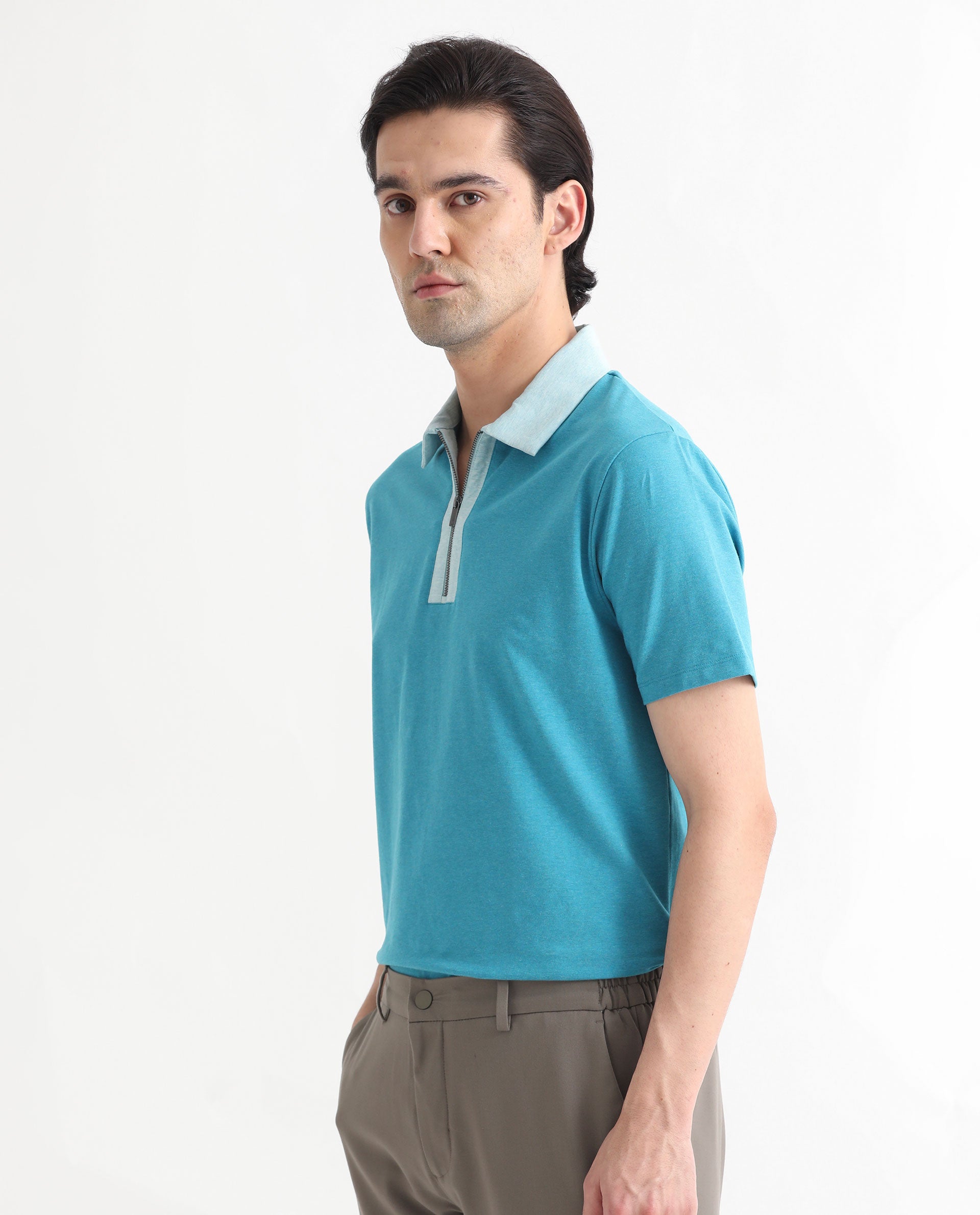 Rare Rabbit Men's Panel Blue Cotton Fabric Collared Neck Zipper Closure Half Sleeve Melange Polo T-Shirt