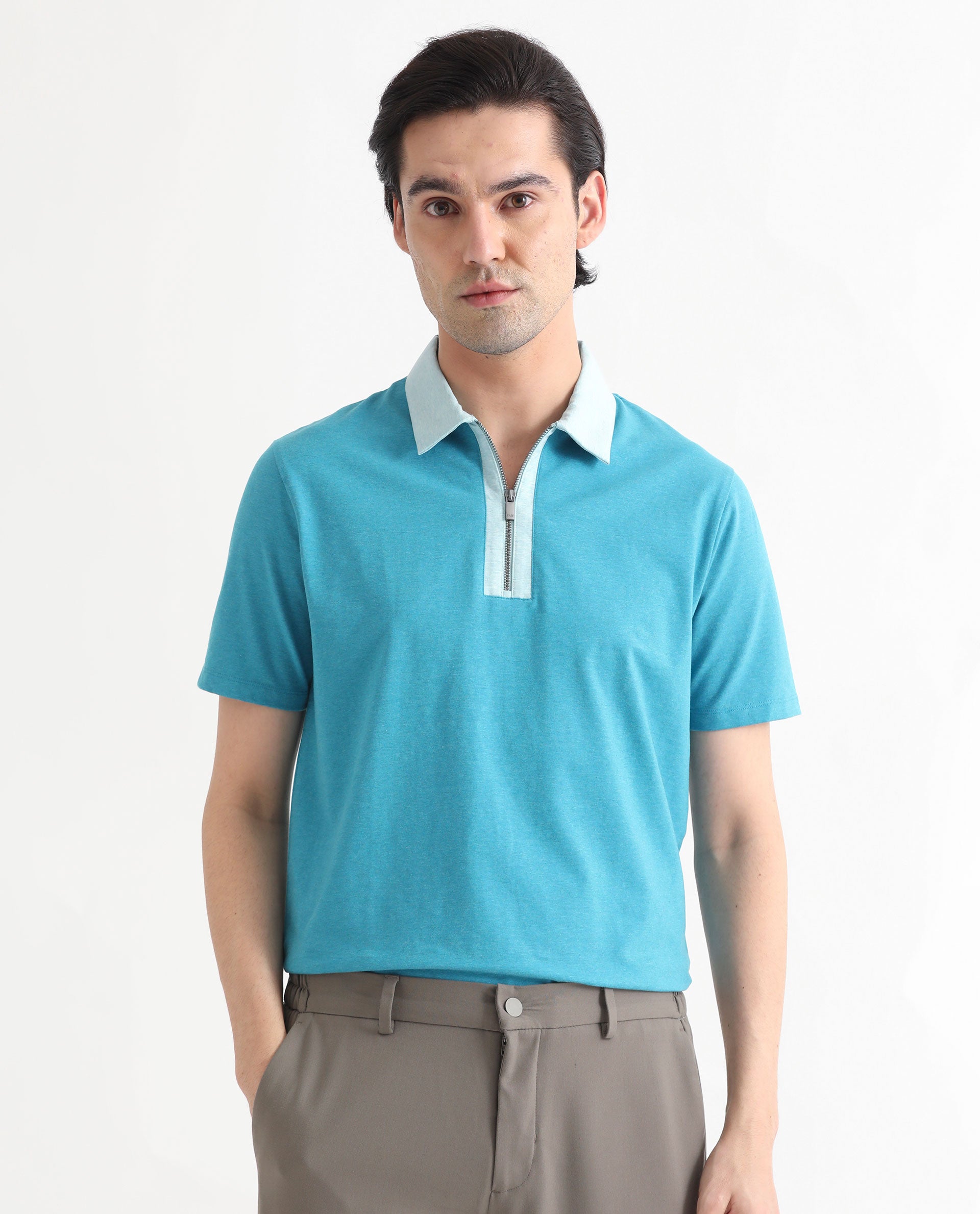 Rare Rabbit Men's Panel Blue Cotton Fabric Collared Neck Zipper Closure Half Sleeve Melange Polo T-Shirt