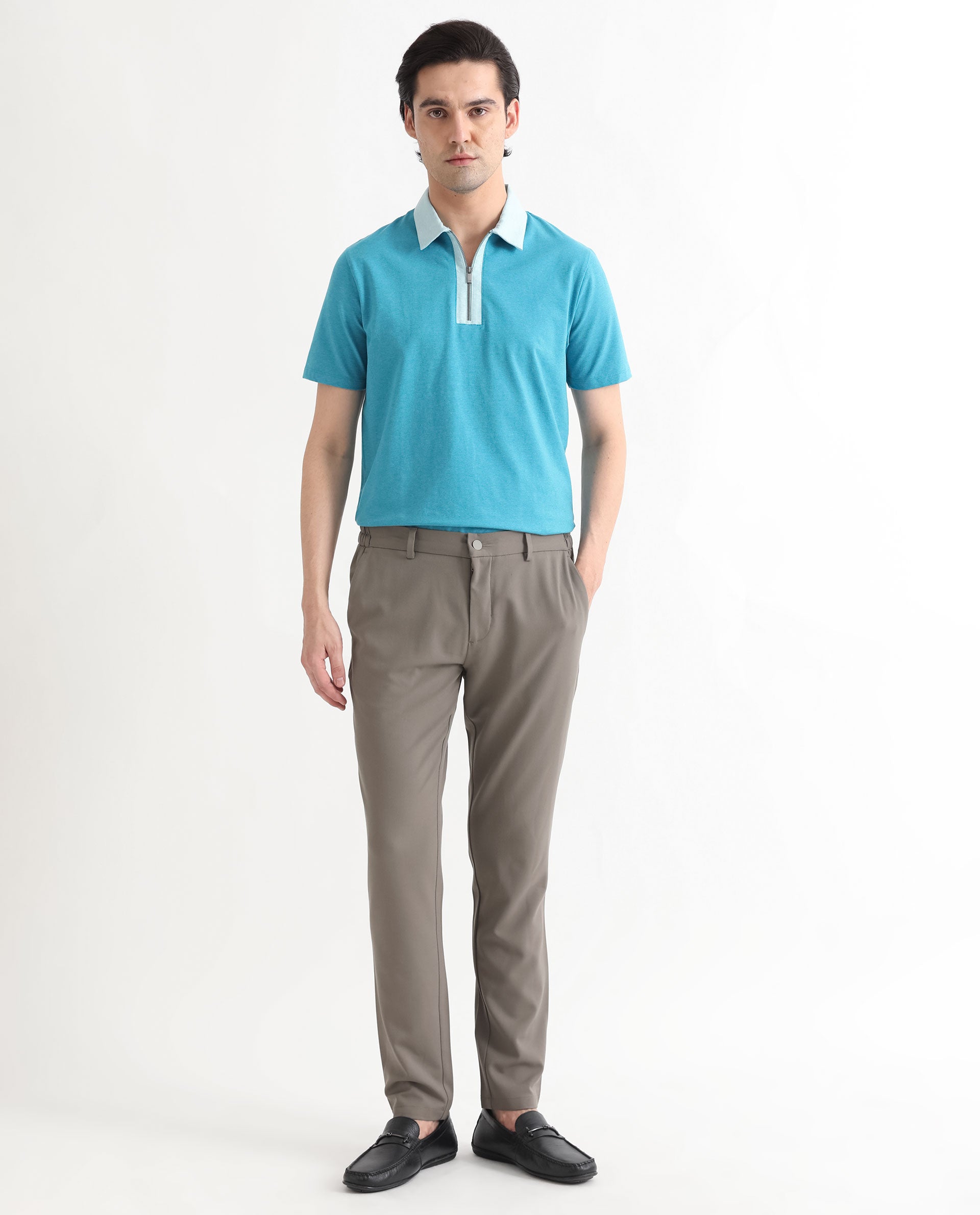 Rare Rabbit Men's Panel Blue Cotton Fabric Collared Neck Zipper Closure Half Sleeve Melange Polo T-Shirt