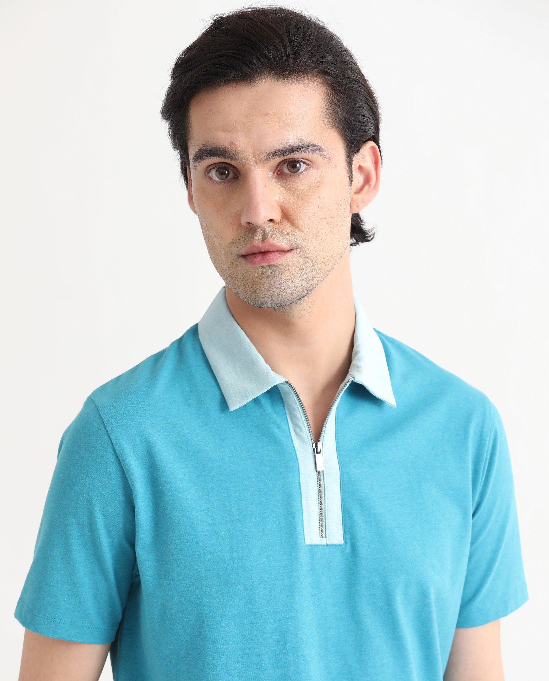 Rare Rabbit Men's Panel Blue Cotton Fabric Collared Neck Zipper Closure Half Sleeve Melange Polo T-Shirt