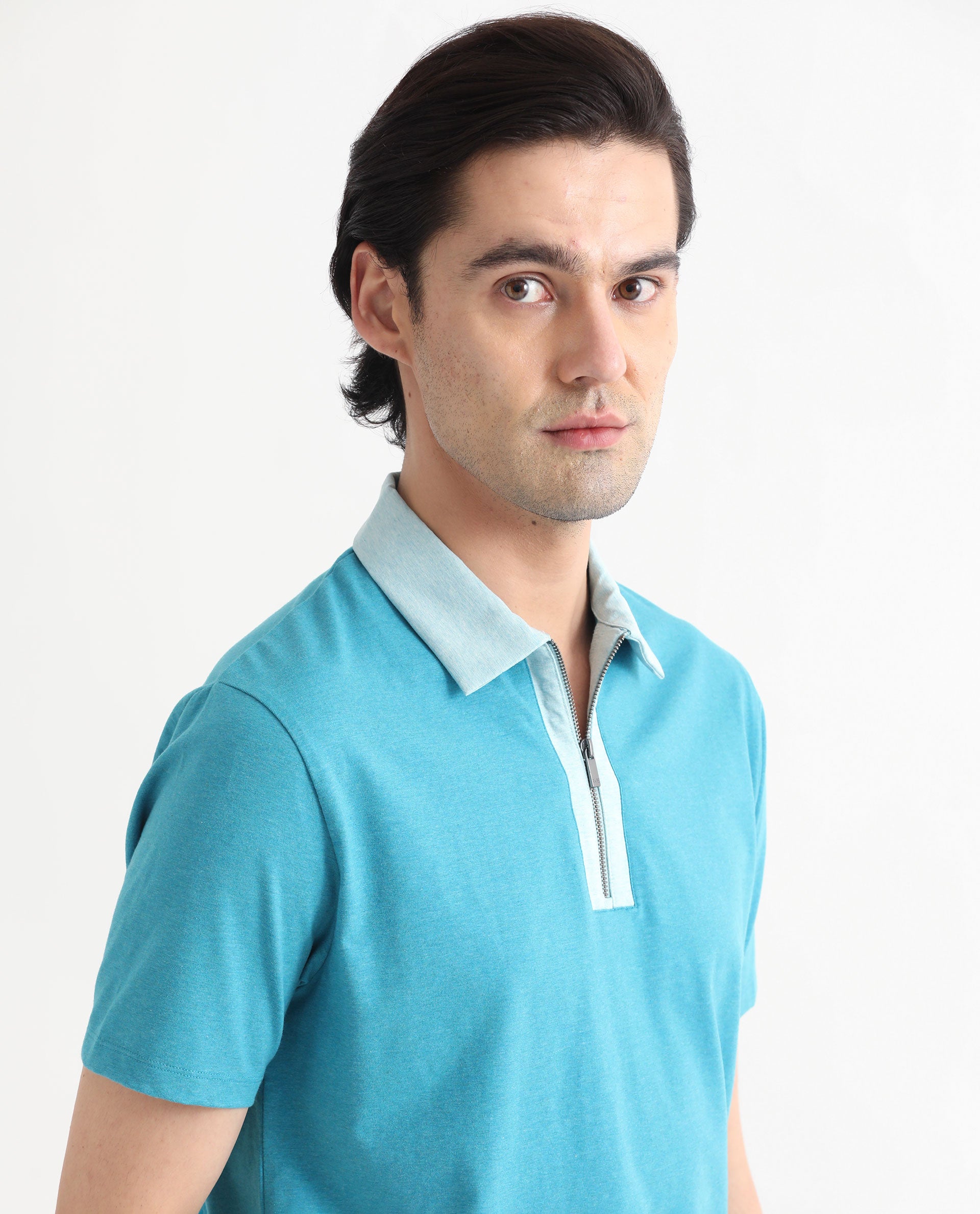 Rare Rabbit Men's Panel Blue Cotton Fabric Collared Neck Zipper Closure Half Sleeve Melange Polo T-Shirt