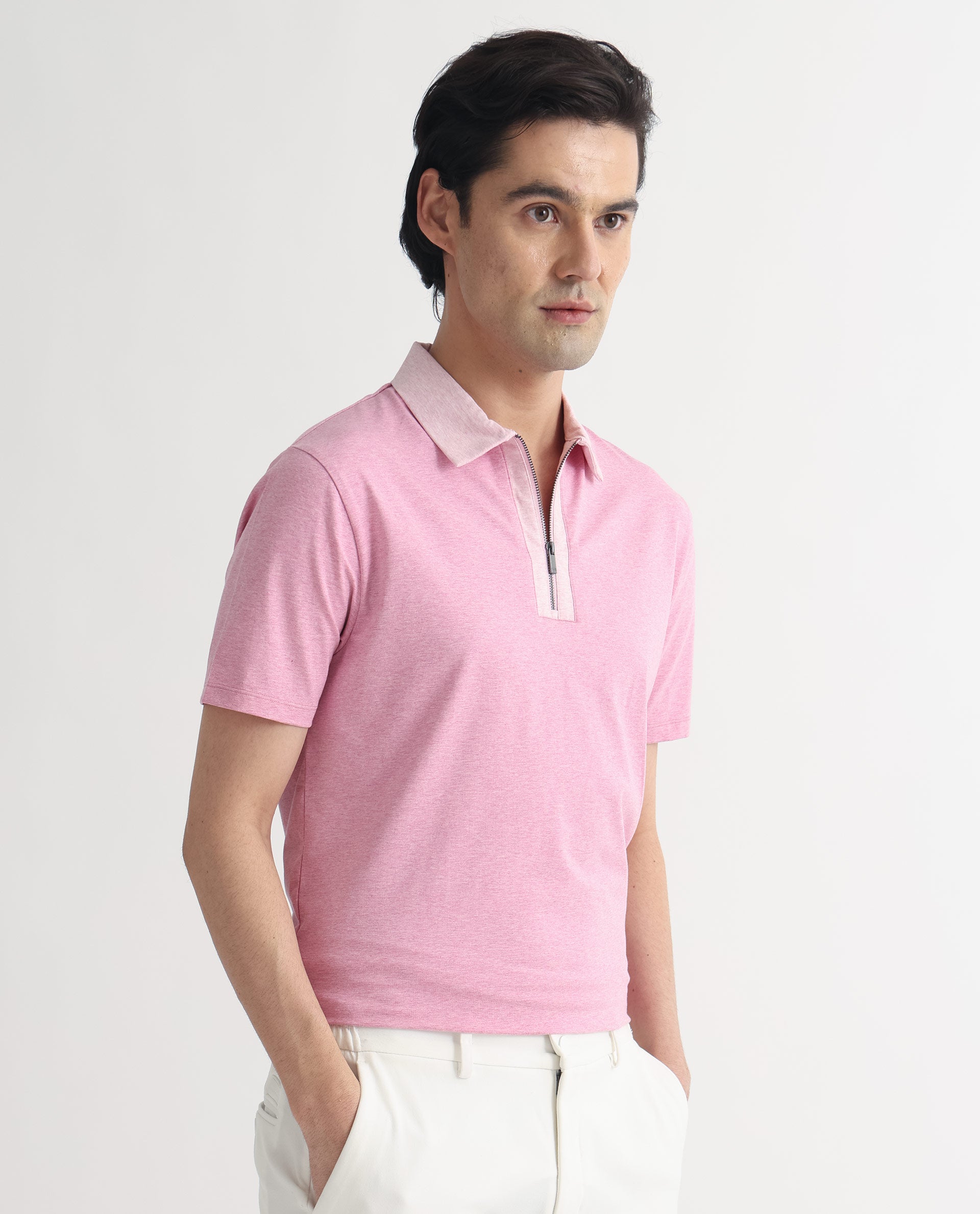 Rare Rabbit Men's Panel Pink Cotton Fabric Collared Neck Zipper Closure Half Sleeve Melange Polo T-Shirt