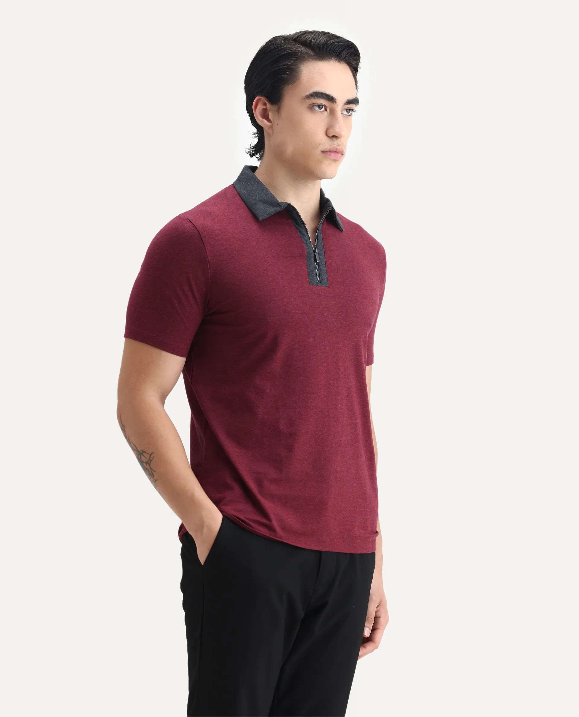 Rare Rabbit Men's Panel Dark Red Cotton Plain Regular Fit Half Sleeve Polo