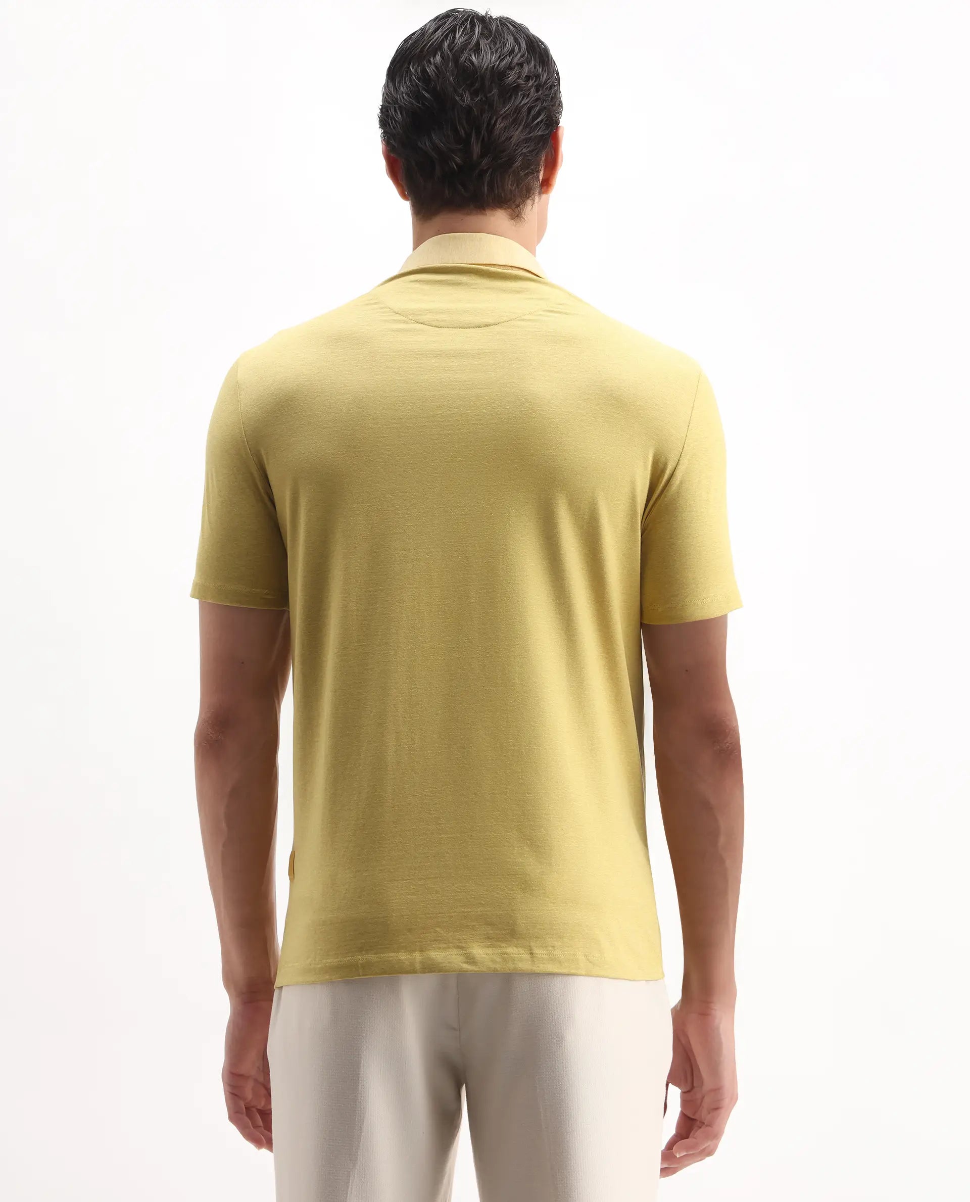 Rare Rabbit Men's Panel Yellow Cotton Plain Regular Fit Half Sleeve Polo