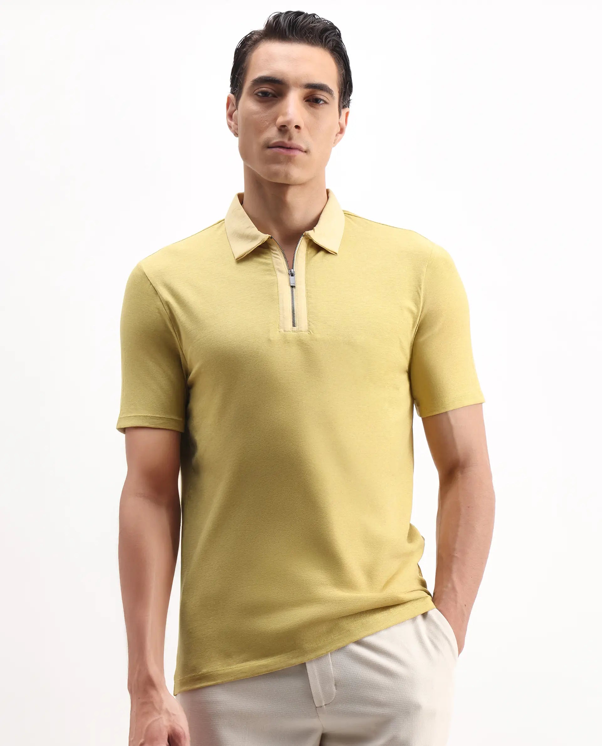 Rare Rabbit Men's Panel Yellow Cotton Plain Regular Fit Half Sleeve Polo
