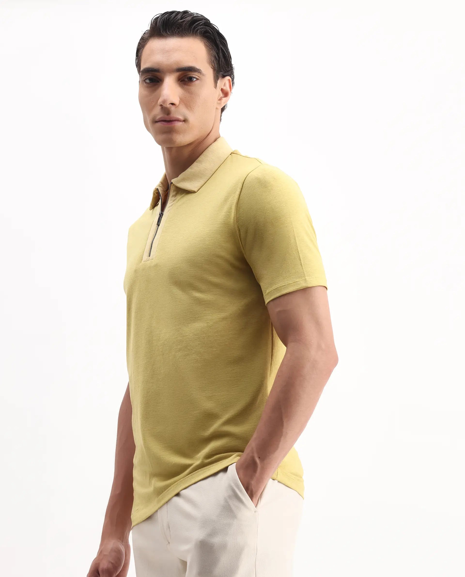 Rare Rabbit Men's Panel Yellow Cotton Plain Regular Fit Half Sleeve Polo