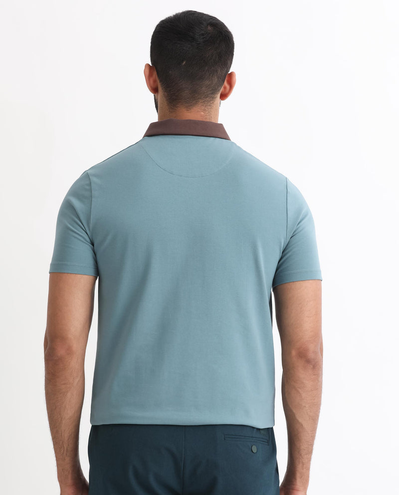 Rare Rabbit Men's Panet Dusky Blue Cotton Lycra Fabric Collared Neck Zipper Closure Half Sleeves Polo T-Shirt