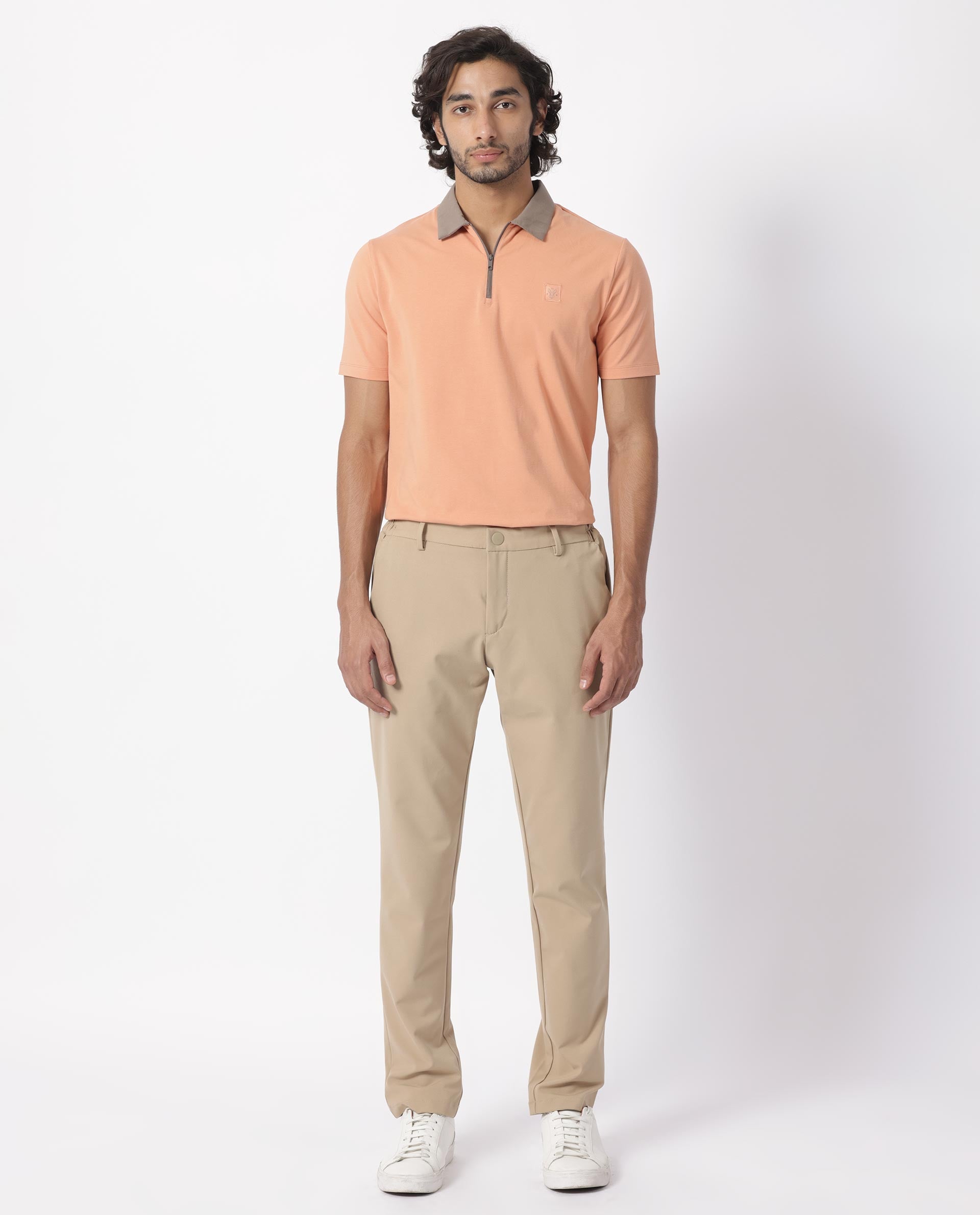 Rare Rabbit Men's Panet Orange Cotton Lycra Fabric Collared Neck Zipper Closure Half Sleeves Polo T-Shirt