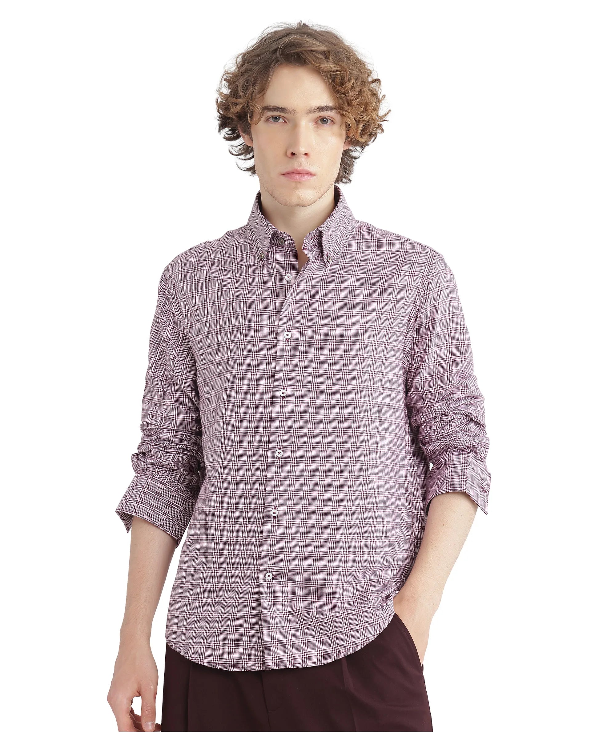 Rare Rabbit Men's Pankal Maroon Cotton Fabric Full Sleeve Oversized Fit Checks Shirt