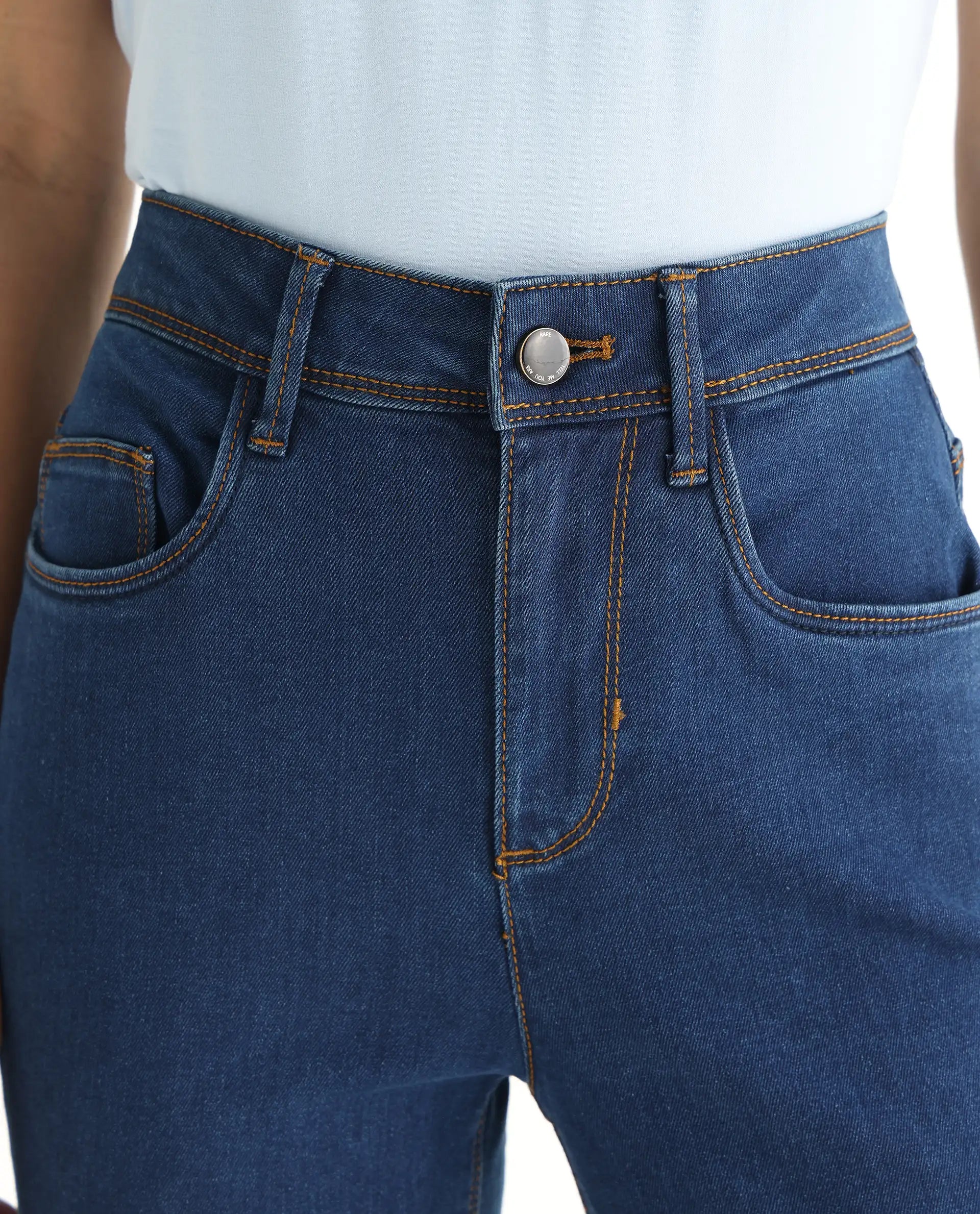 Rareism Women's Pansy Navy Cotton Blend Plain Ankle Length Slim Fit Jeans