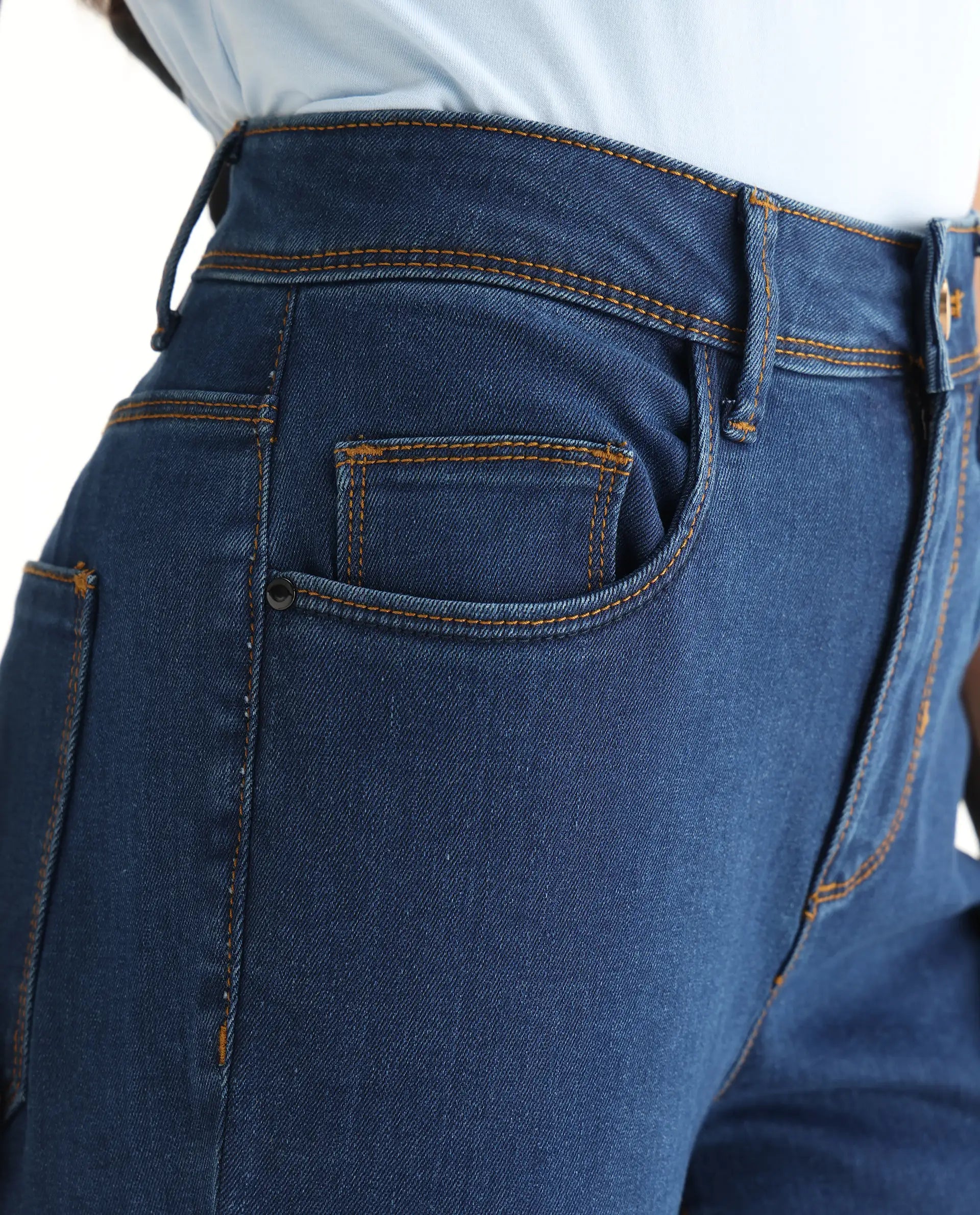 Rareism Women's Pansy Navy Cotton Blend Plain Ankle Length Slim Fit Jeans