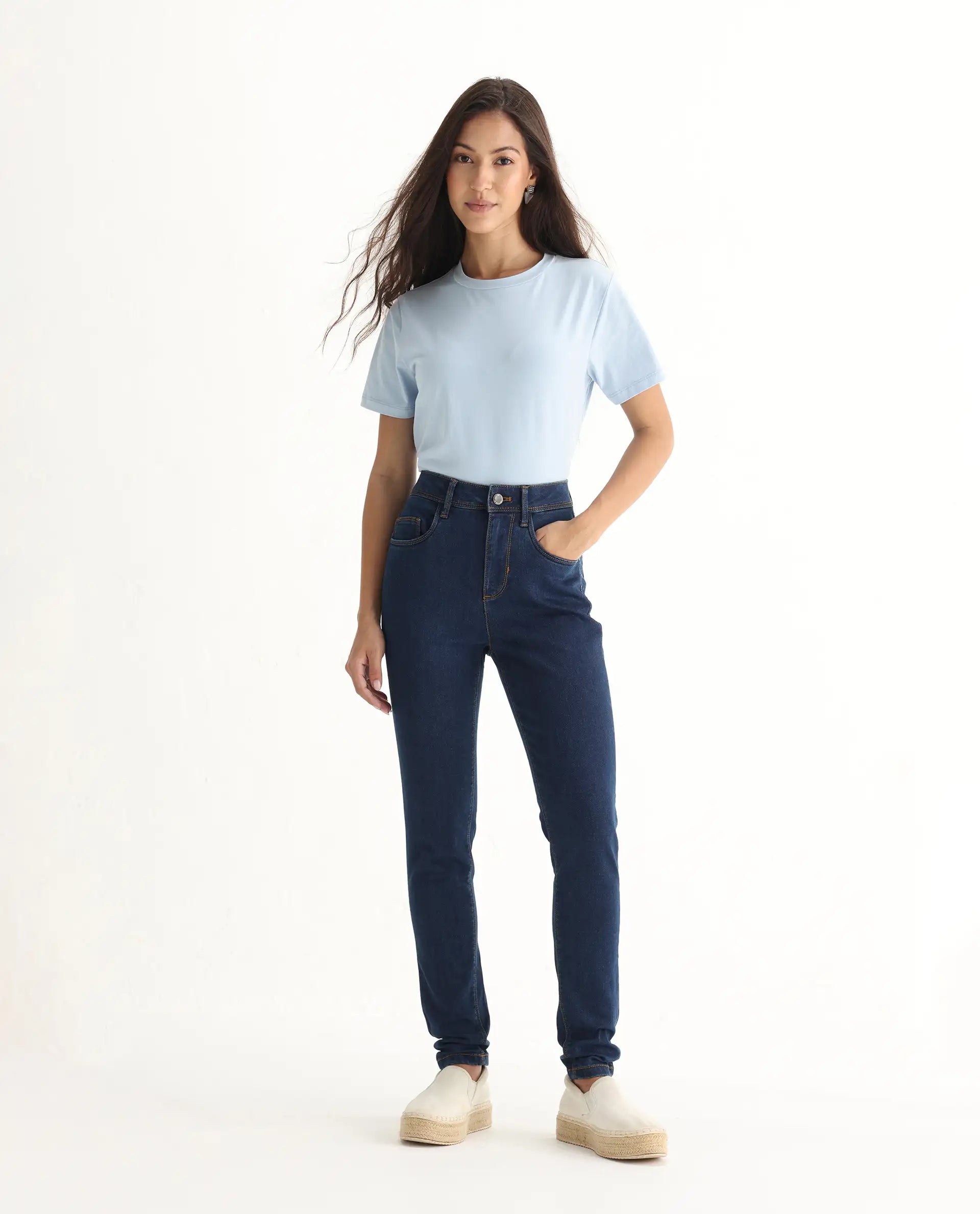 Rareism Women's Pansy Navy Cotton Blend Plain Ankle Length Slim Fit Jeans