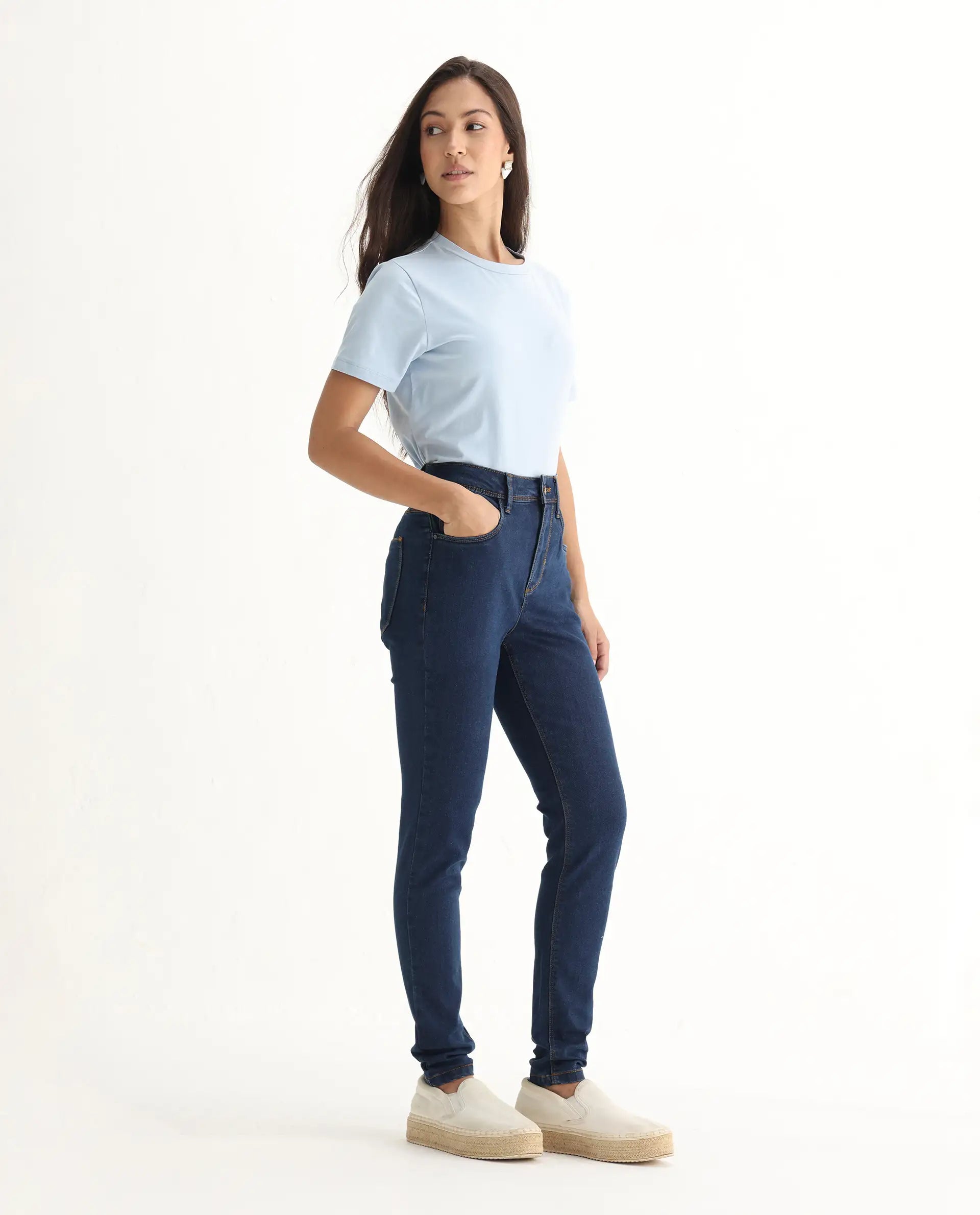 Rareism Women's Pansy Navy Cotton Blend Plain Ankle Length Slim Fit Jeans