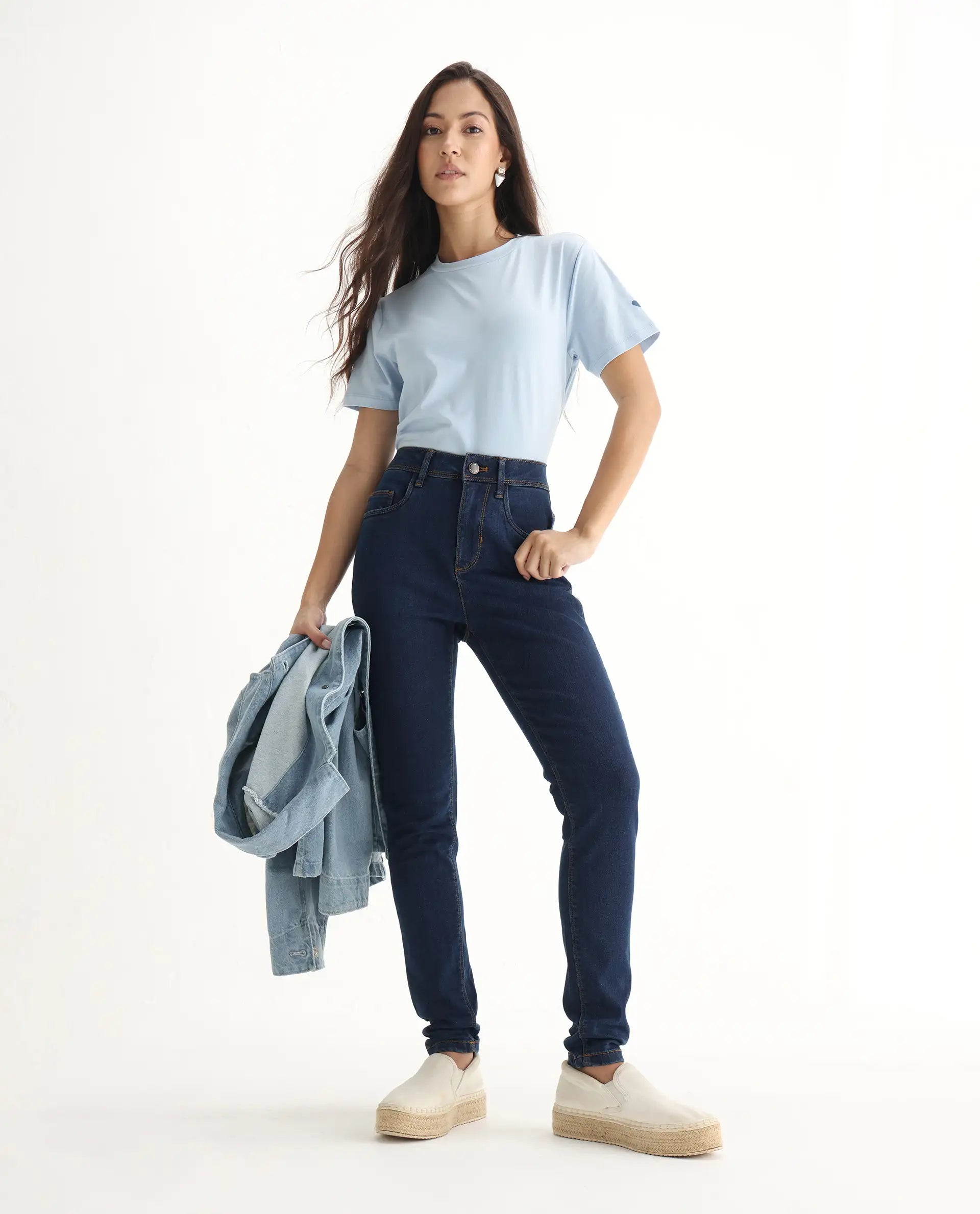 Rareism Women's Pansy Navy Cotton Blend Plain Ankle Length Slim Fit Jeans