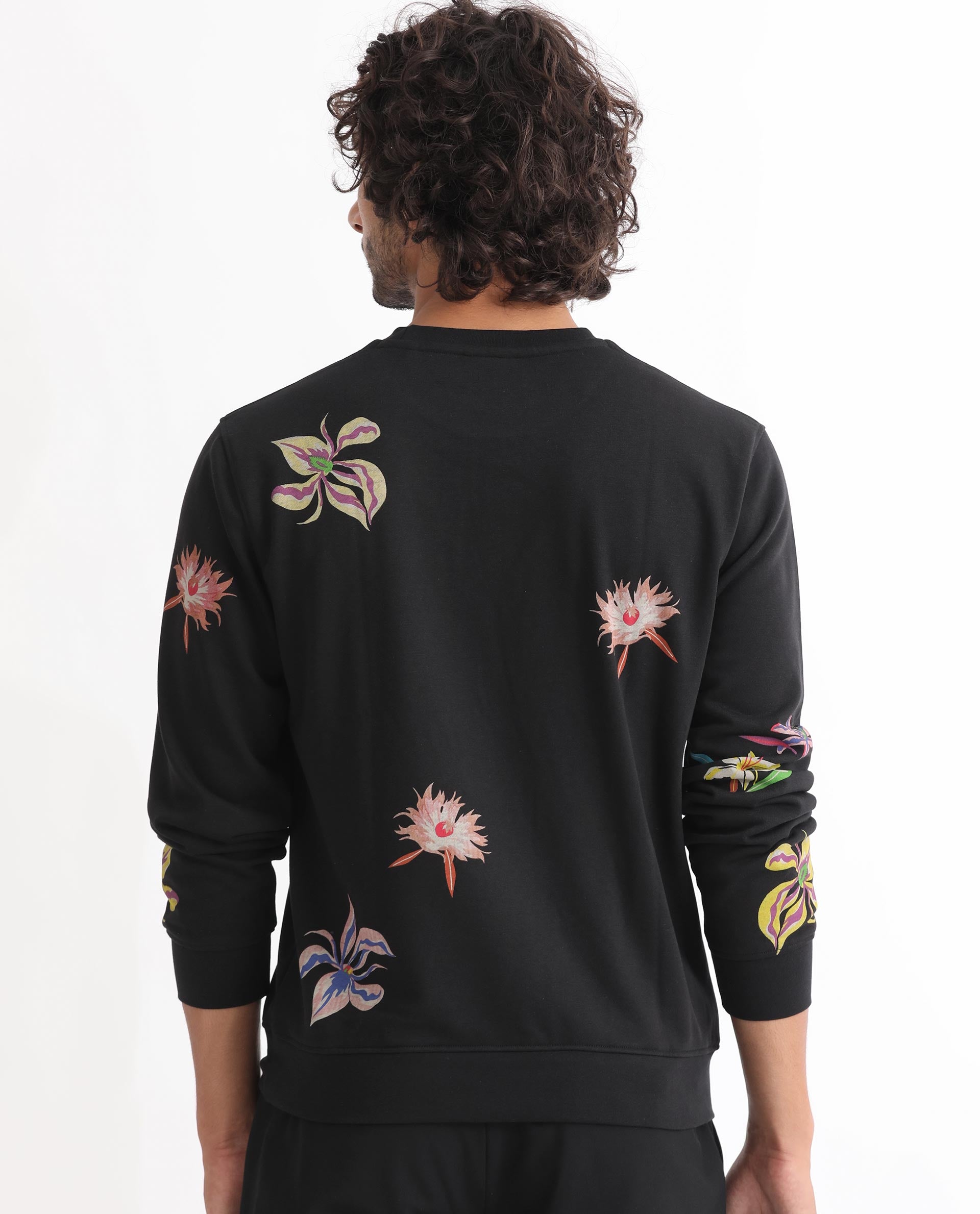 Rare Rabbit Men's Panton Black Cotton Polyester Terry Fabric Full Sleeves Floral Print Knitted Sweatshirt