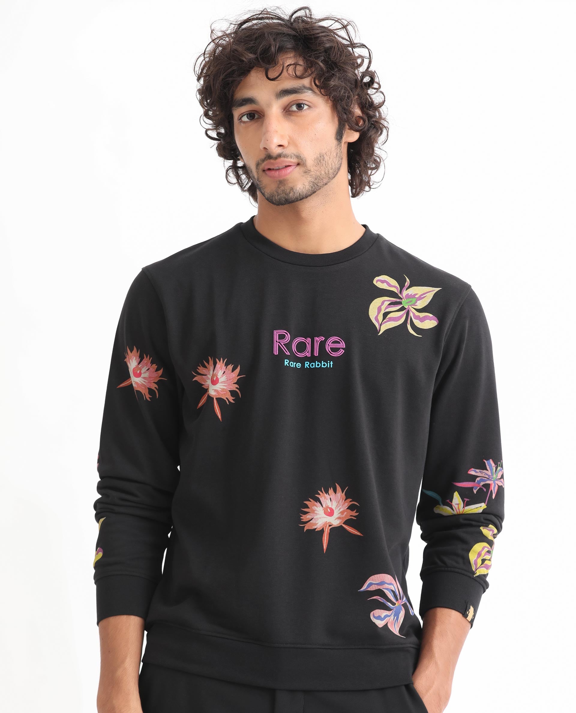 Rare Rabbit Men's Panton Black Cotton Floral Print Relaxed Fit Full Sl