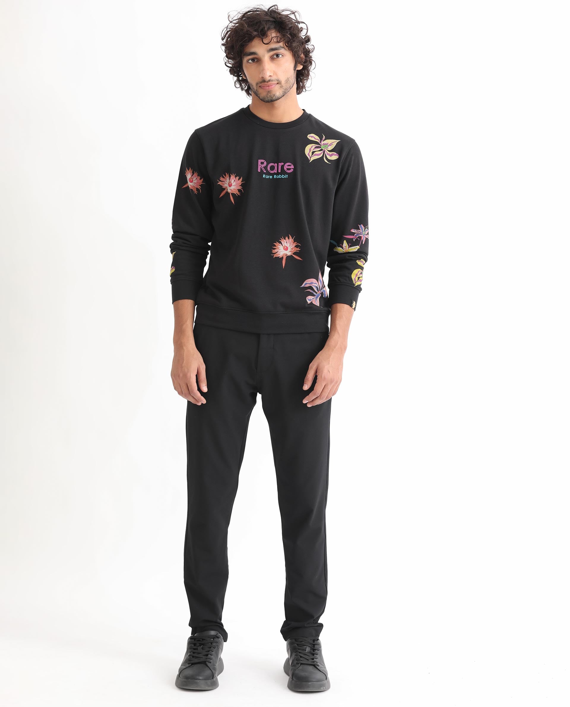 Rare Rabbit Men's Panton Black Cotton Polyester Terry Fabric Full Sleeves Floral Print Knitted Sweatshirt
