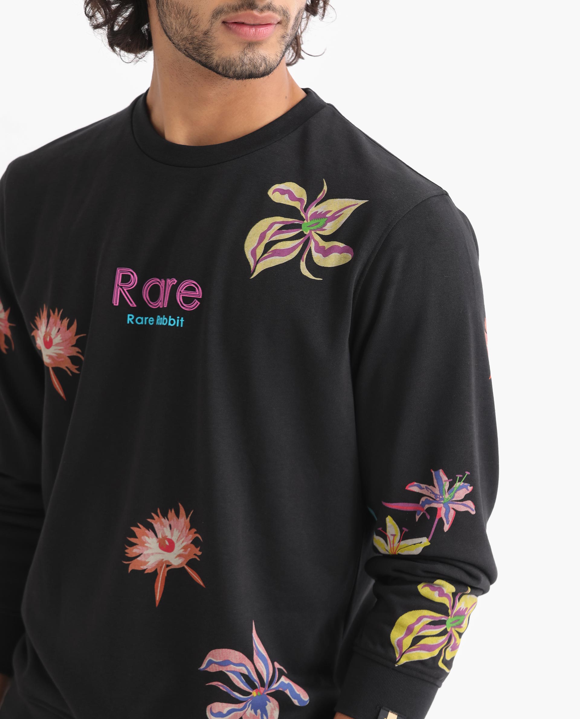 Rare Rabbit Men's Panton Black Cotton Floral Print Relaxed Fit Full Sl