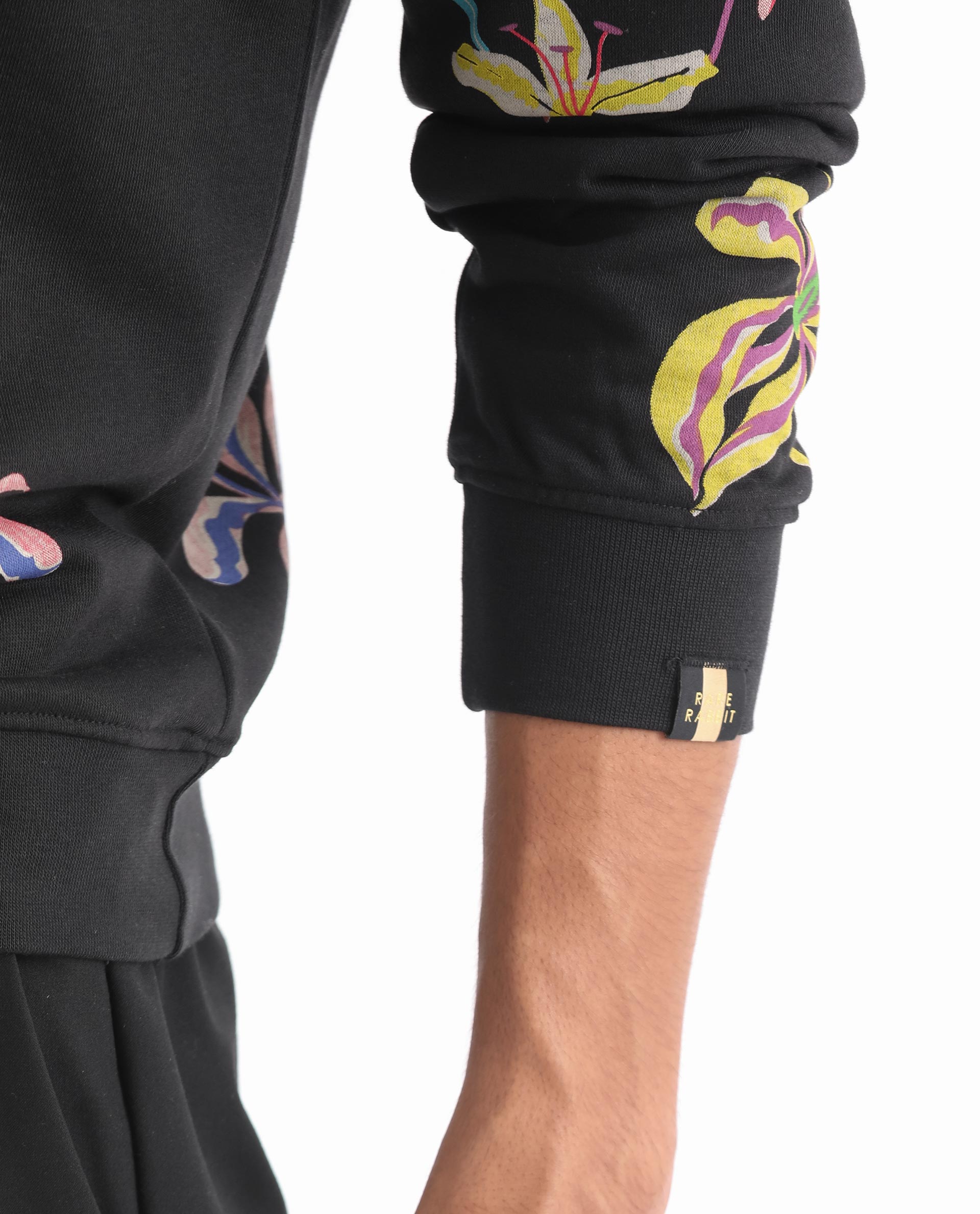 Rare Rabbit Men's Panton Black Cotton Polyester Terry Fabric Full Sleeves Floral Print Knitted Sweatshirt