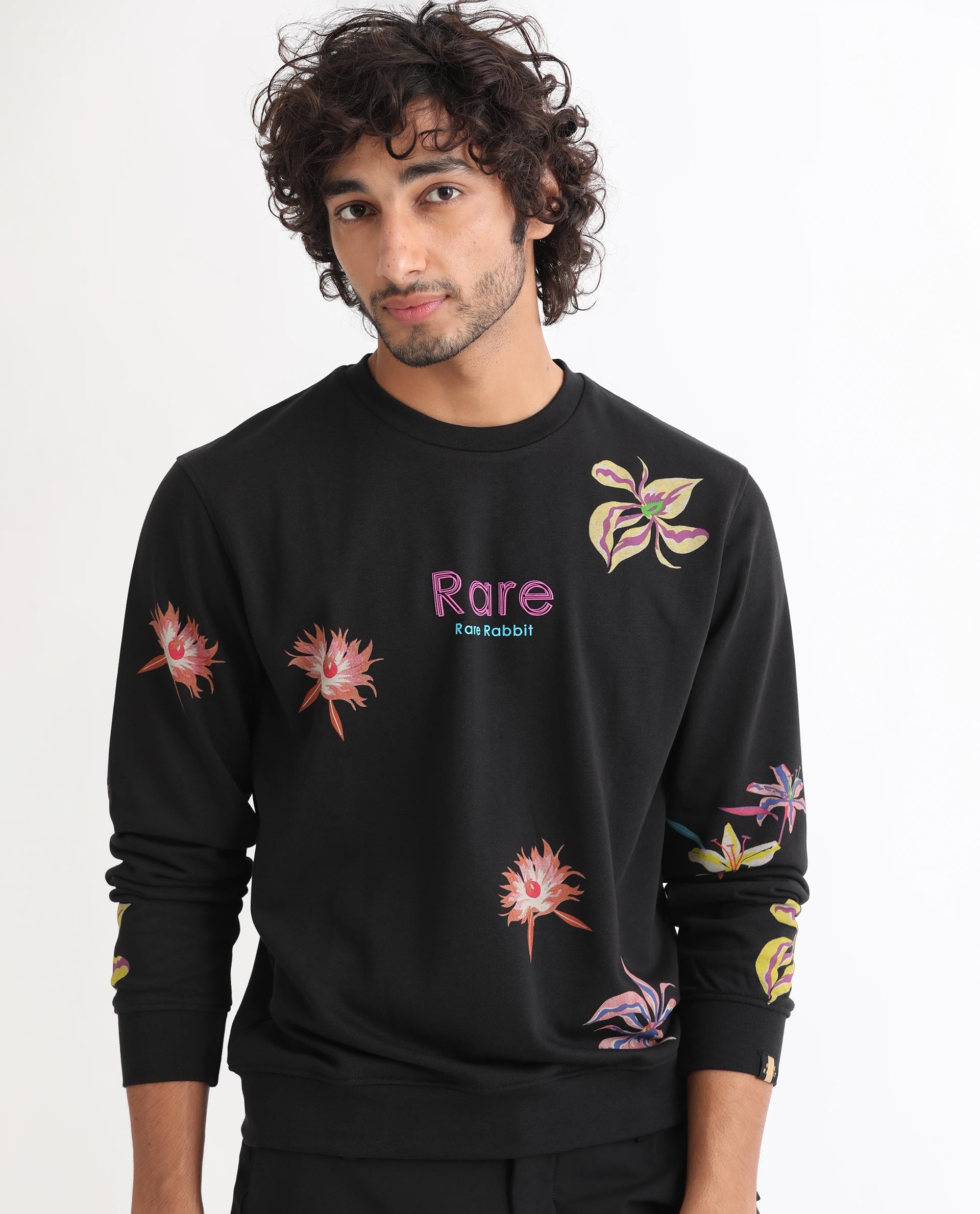 Rare Rabbit Men's Panton Black Cotton Polyester Terry Fabric Full Sleeves Floral Print Knitted Sweatshirt