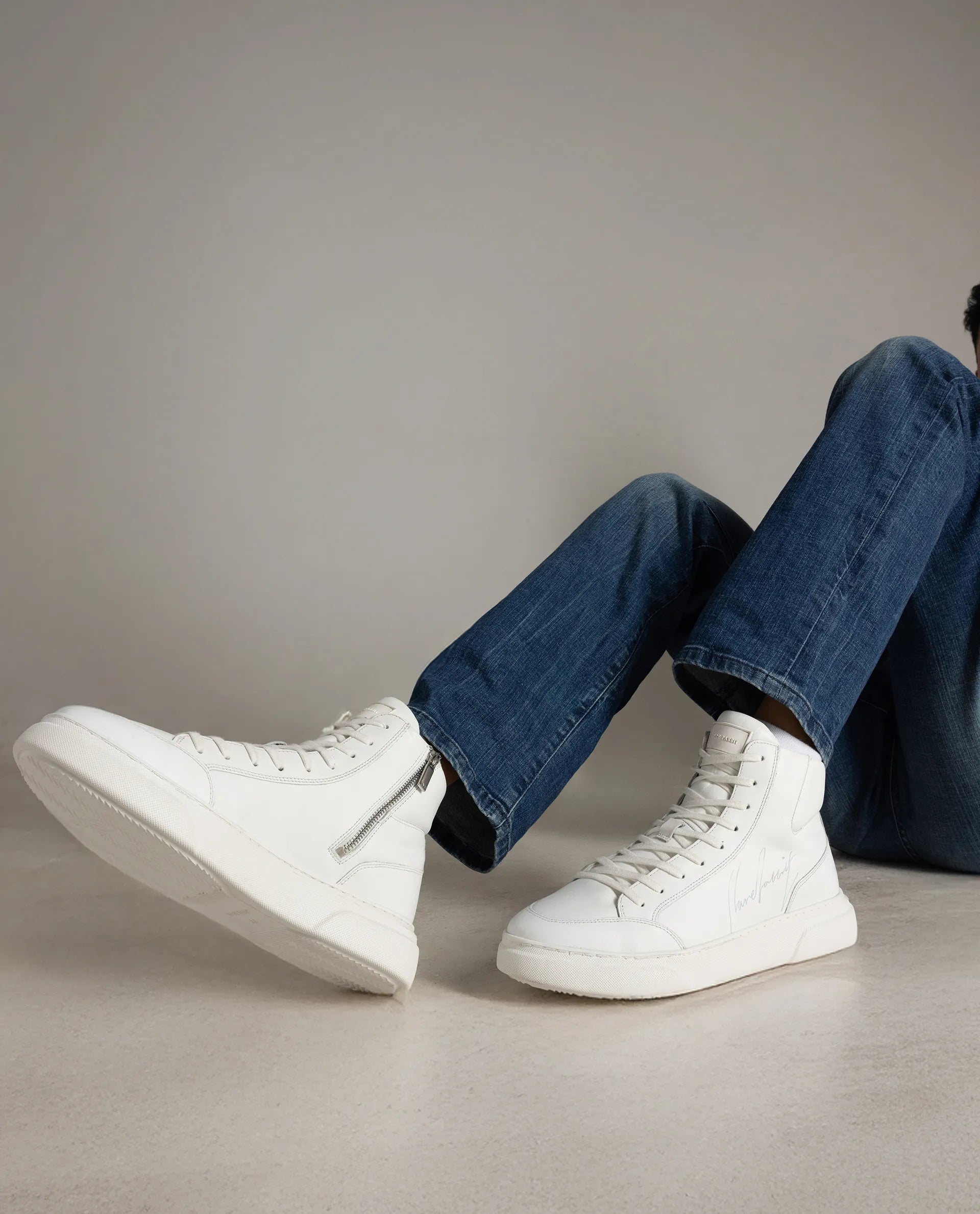 Rare Rabbit Men's Panzer White Leather Round Toe Derby Style Zip Closure High Top Sneaker Shoes