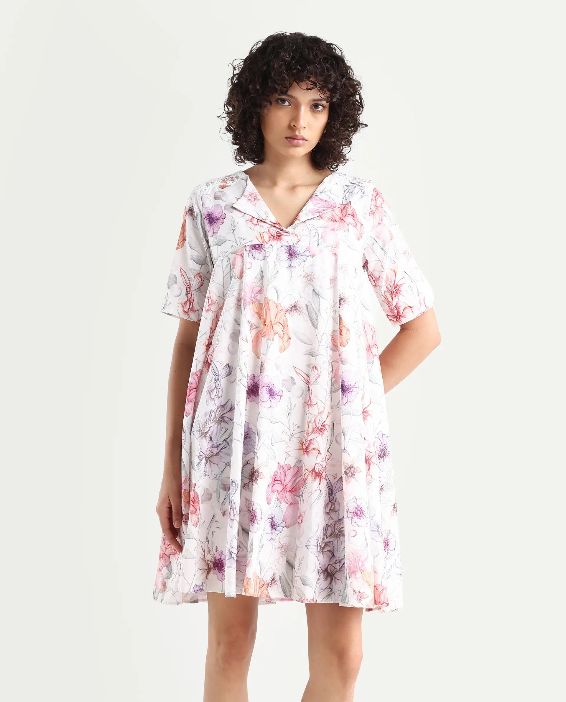 Rareism Women's Paola Multi Cotton Lapel Neck Floral Print Knee Length Flared Dress