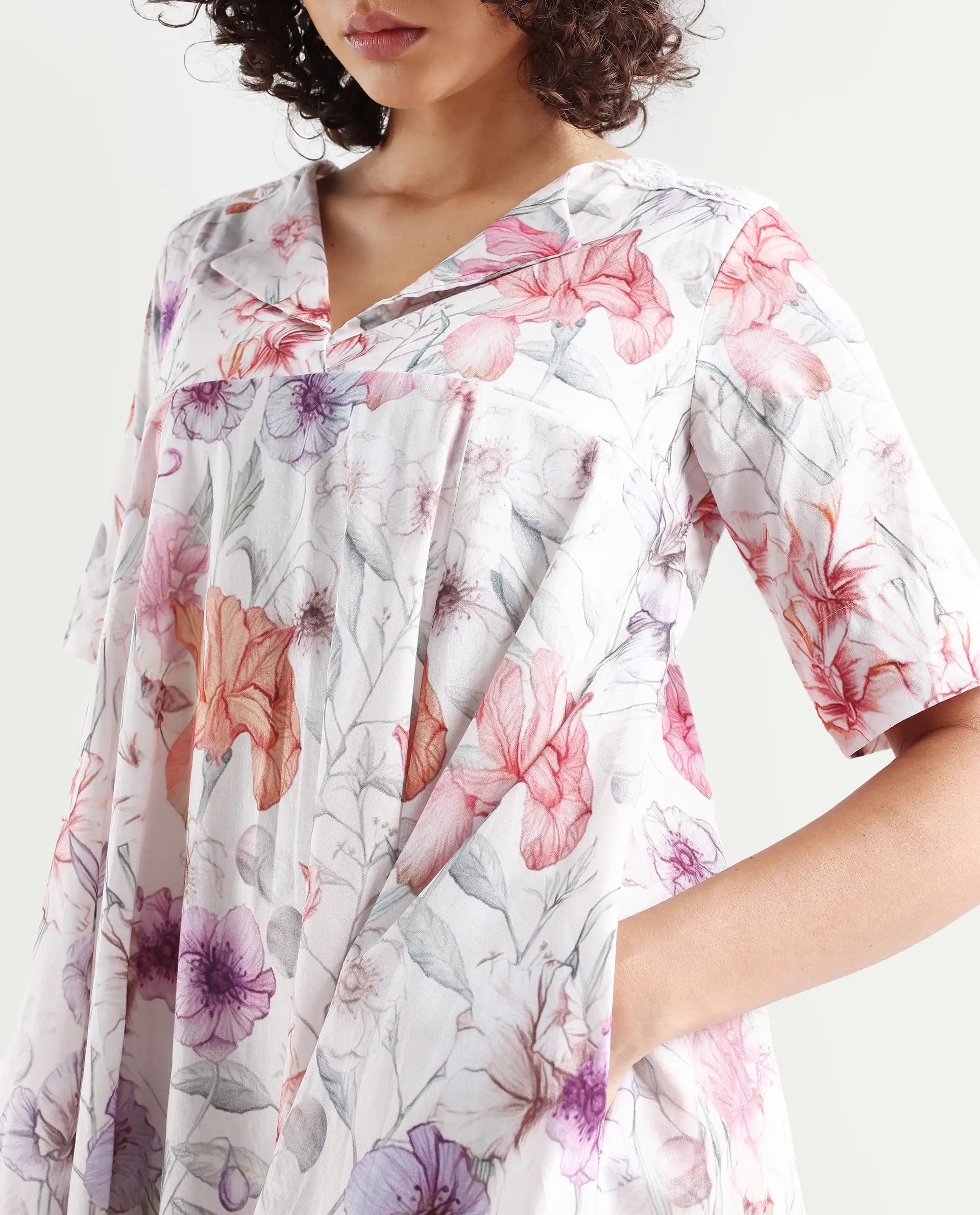 Rareism Women's Paola Multi Cotton Lapel Neck Floral Print Knee Length Flared Dress