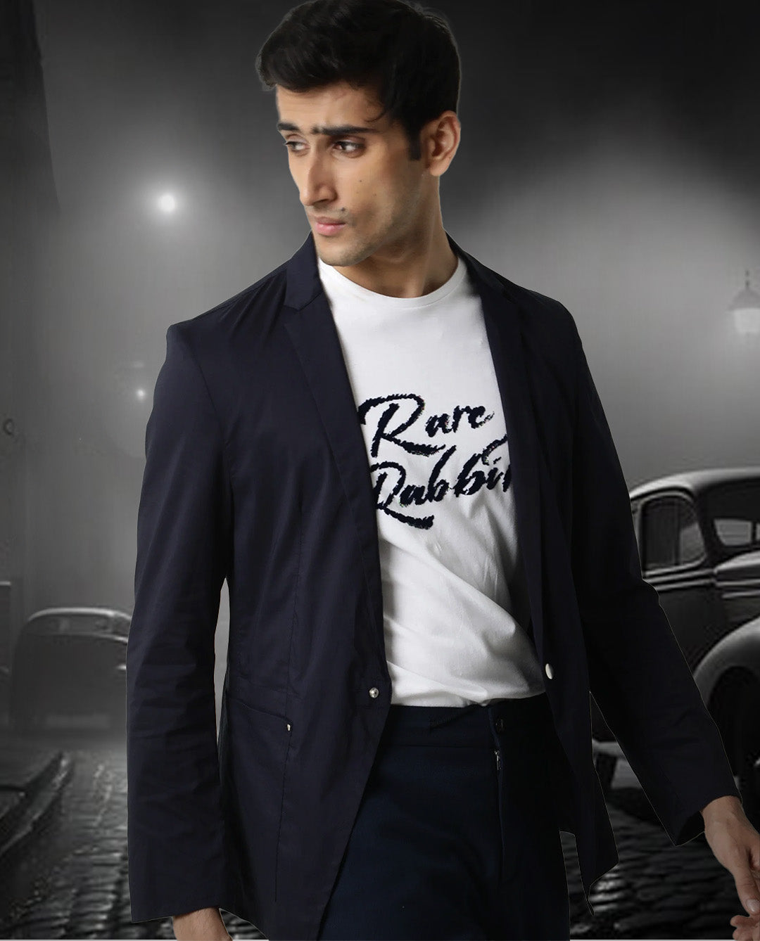 Rare Rabbit Men's Glaze Navy Viscose Plain Regular Fit Full Sleeve Lap