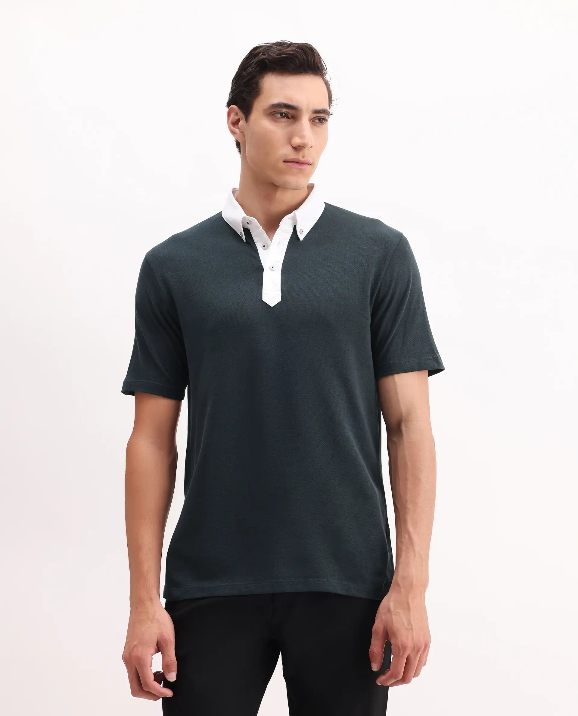 Rare Rabbit Men's Parma 2 Petrol Cotton Plain Regular Fit Half Sleeve Polo