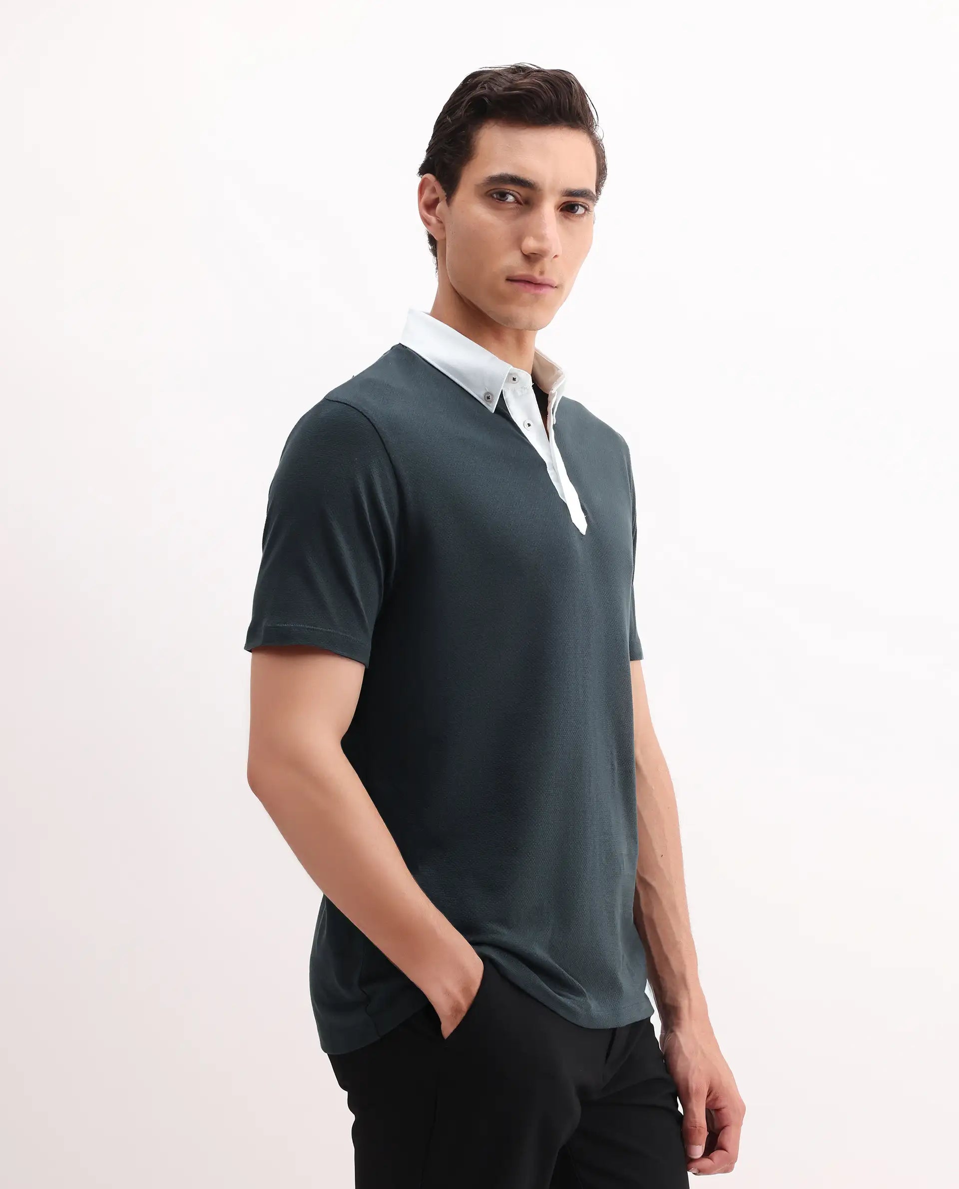 Rare Rabbit Men's Parma 2 Petrol Cotton Plain Regular Fit Half Sleeve Polo