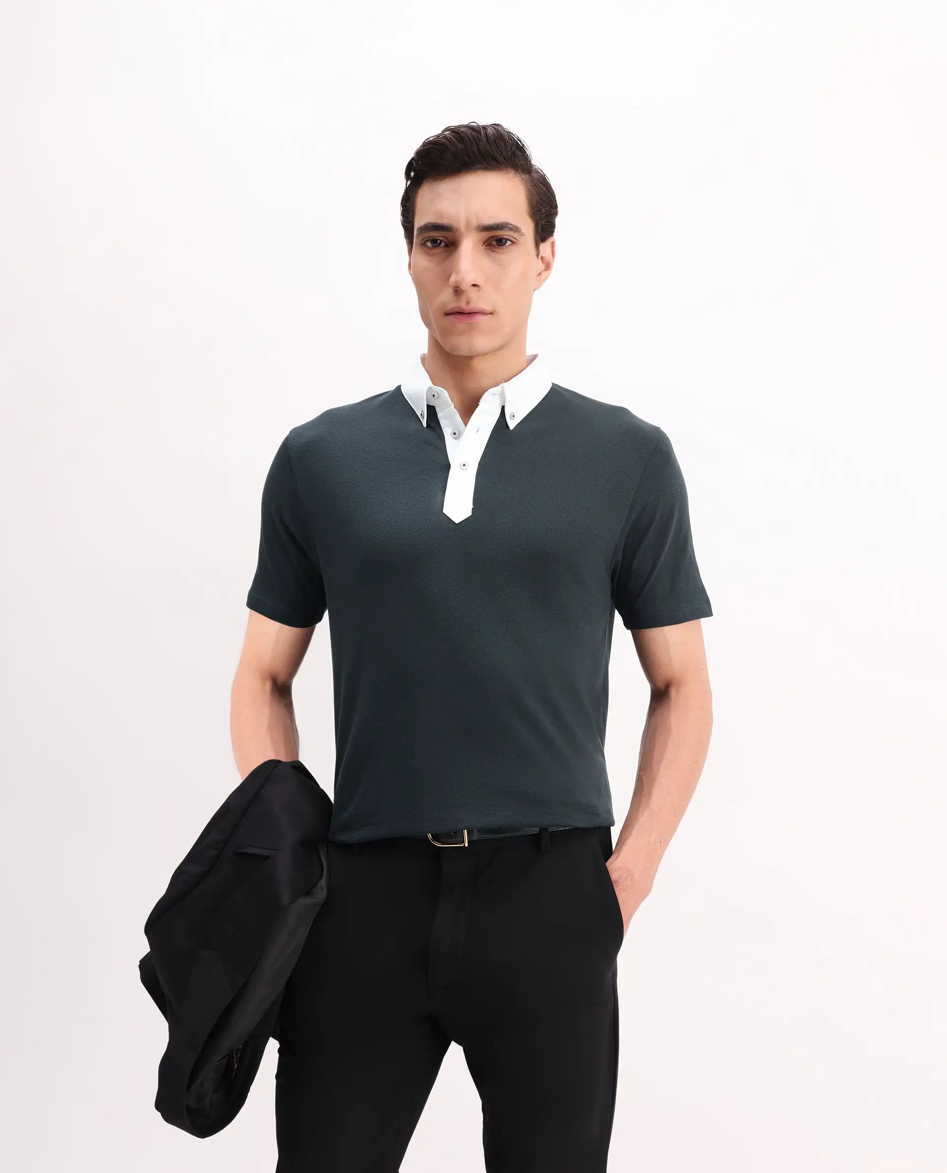 Rare Rabbit Men's Parma 2 Petrol Cotton Plain Regular Fit Half Sleeve Polo