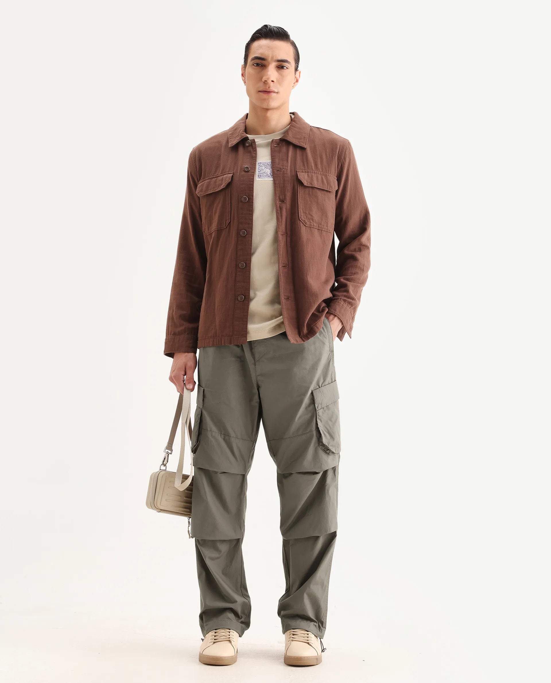 Rare Rabbit Men's Parc Dusky Olive Cotton Plain Regular Fit Trouser