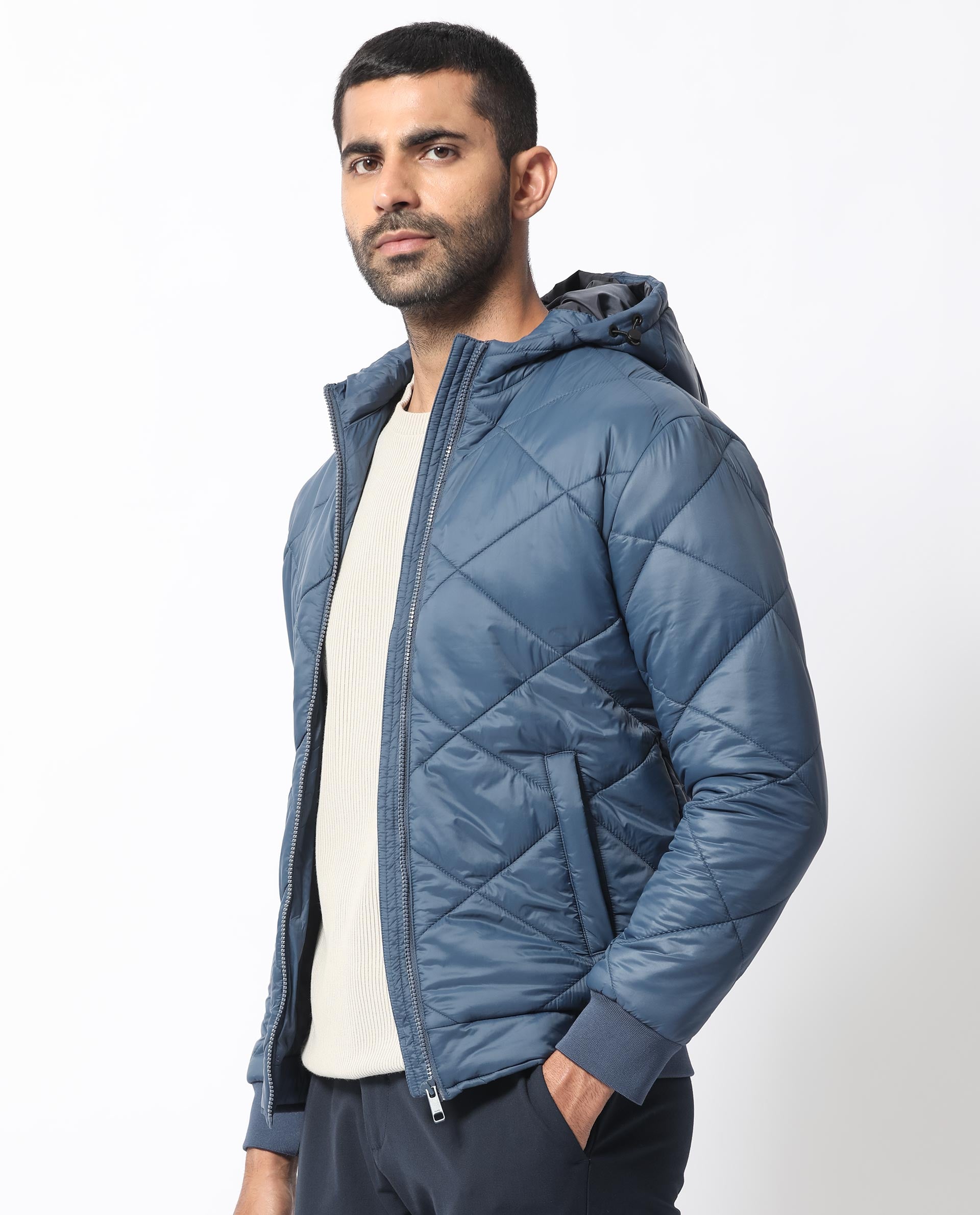 Rare Rabbit Men's Parco Dark Blue Diamond Quilted  Hooded Puffer Jacket