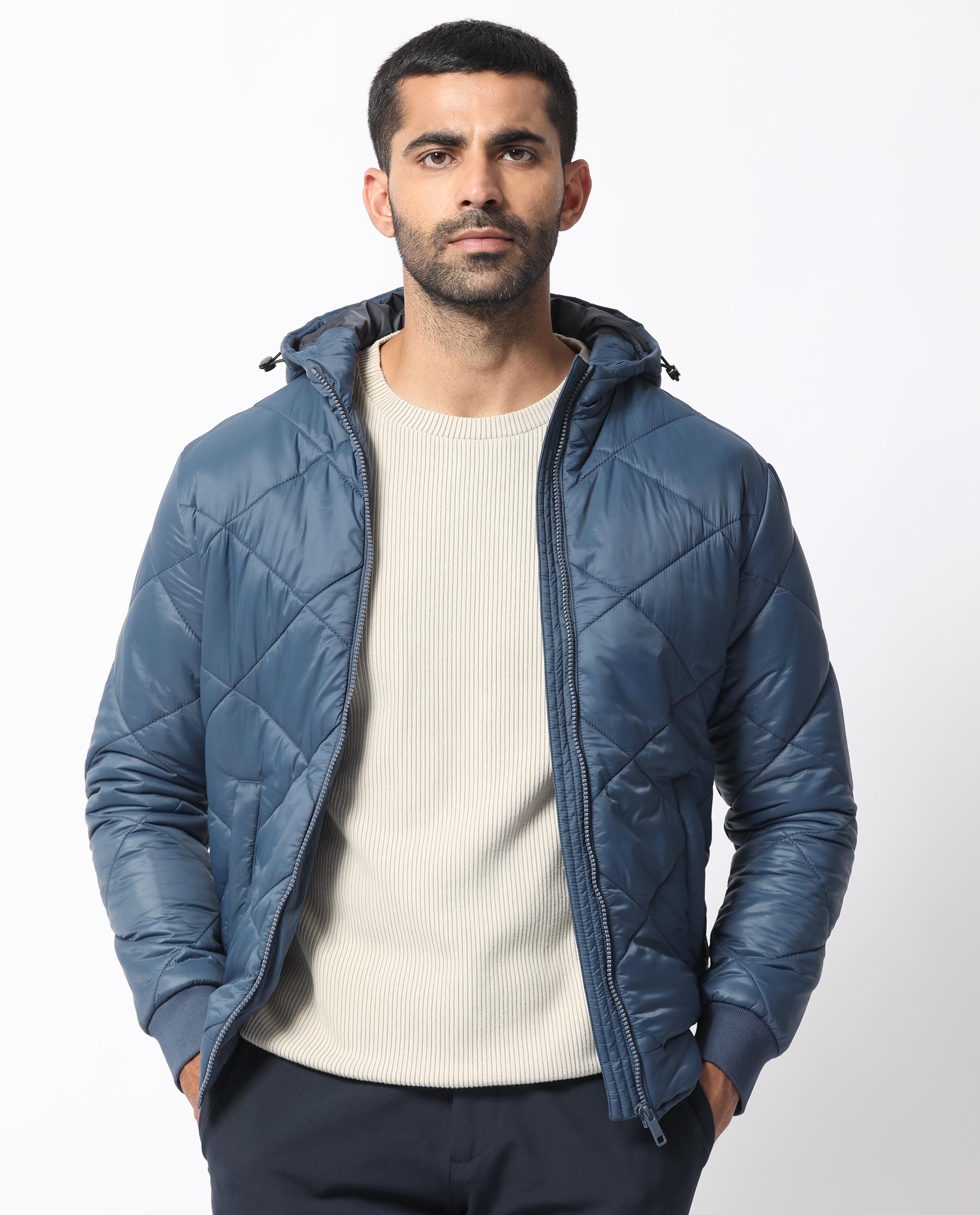 Rare Rabbit Men's Parco Dark Blue Diamond Quilted  Hooded Puffer Jacket