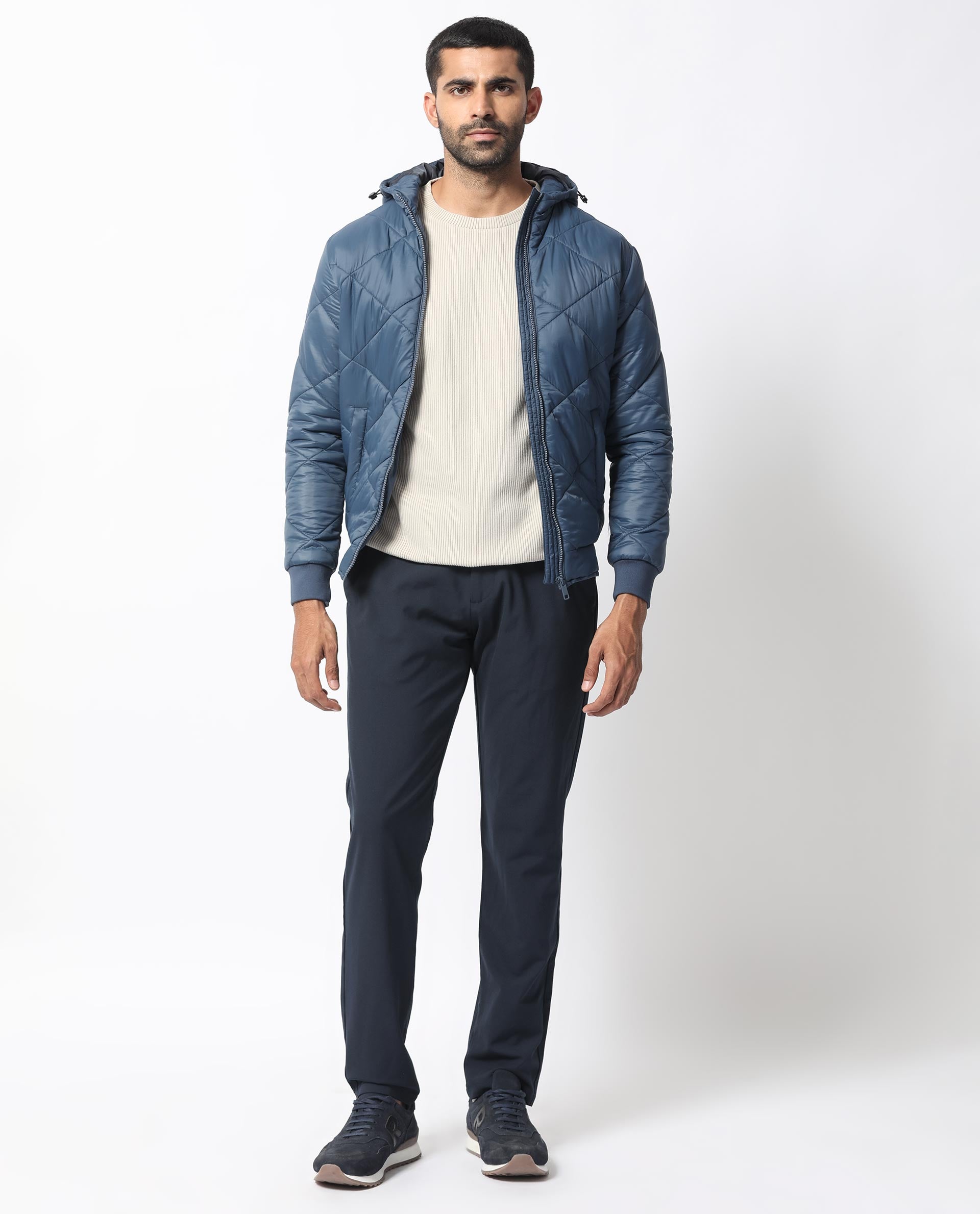 Rare Rabbit Men's Parco Dark Blue Diamond Quilted  Hooded Puffer Jacket