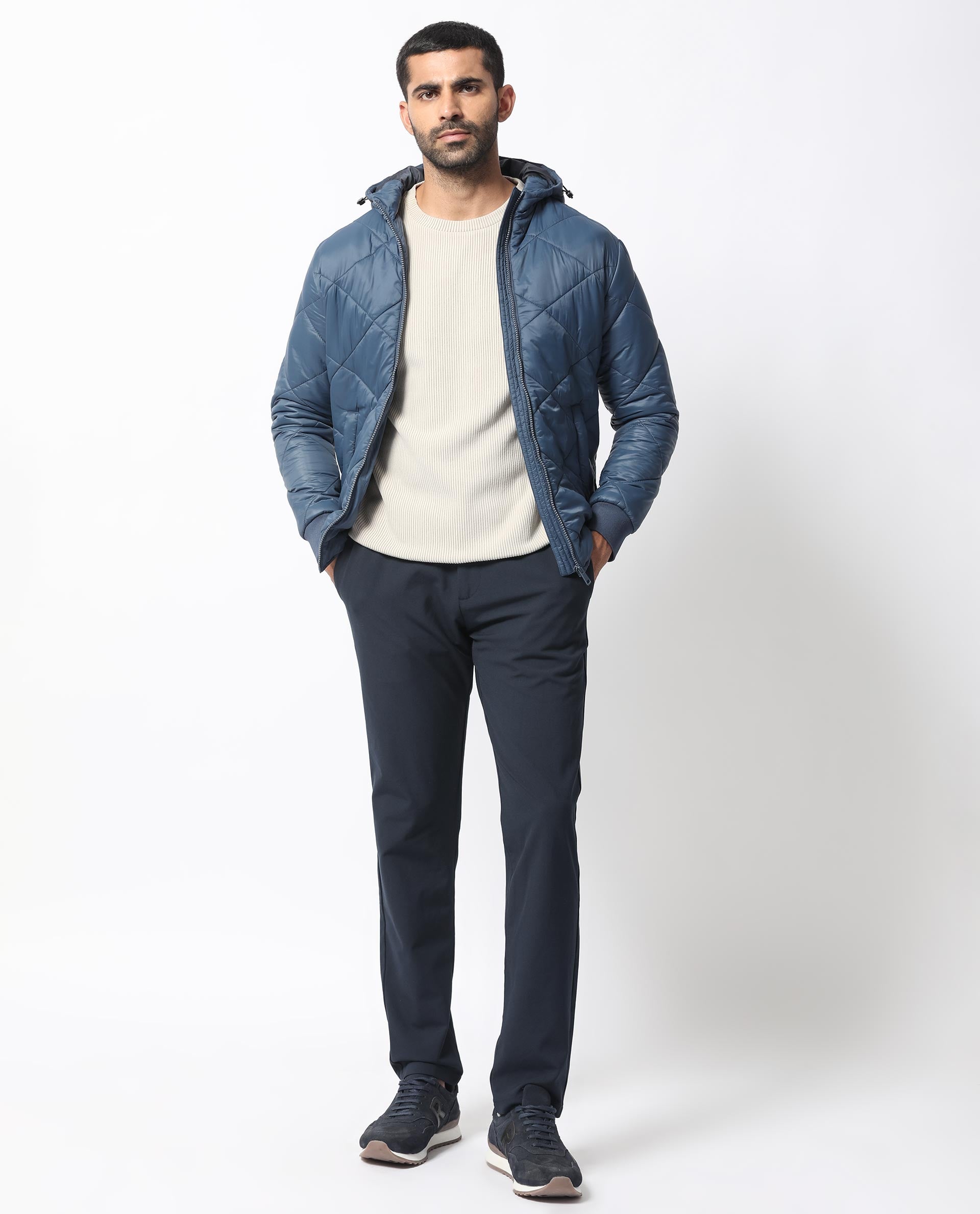 Rare Rabbit Men's Parco Dark Blue Diamond Quilted  Hooded Puffer Jacket