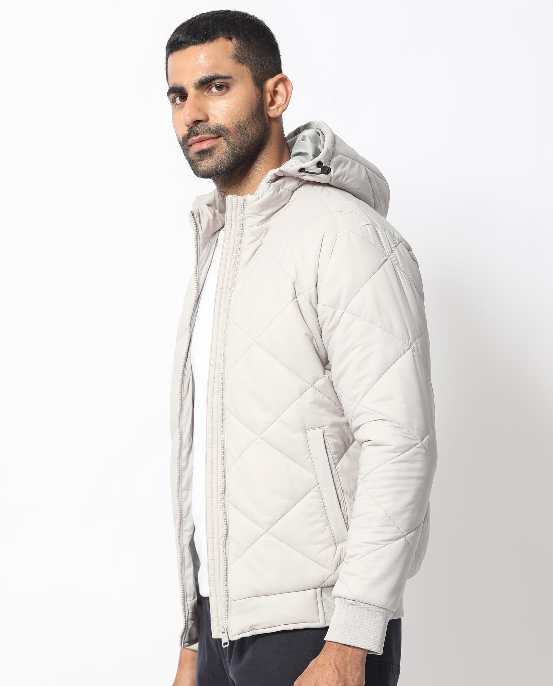 Rare Rabbit Men's Parco Light Grey Diamond Quilted Hooded Puffer Jacket