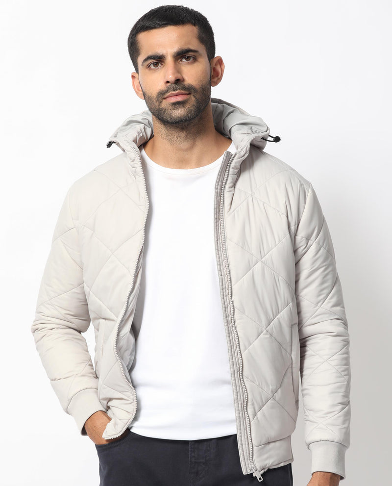 Rare Rabbit Men's Parco Light Grey Diamond Quilted Hooded Puffer Jacket