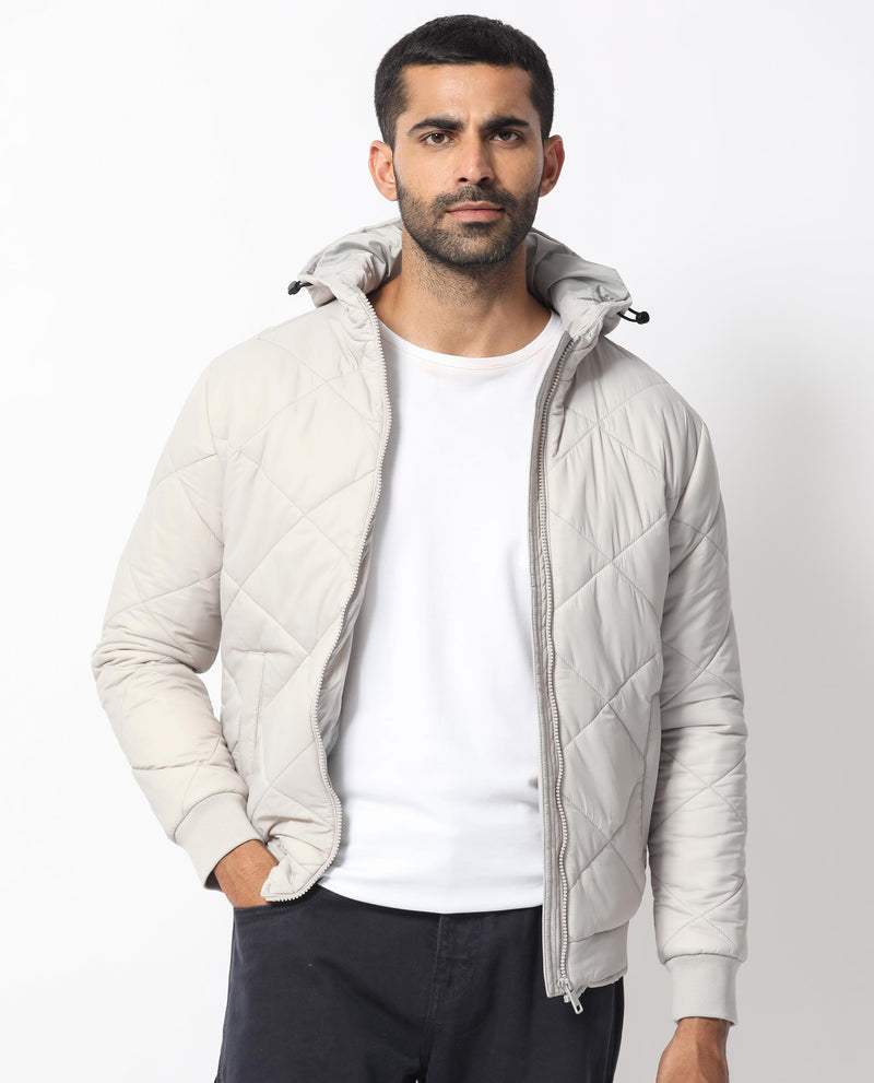 Rare Rabbit Men's Parco Light Grey Diamond Quilted Hooded Puffer Jacket